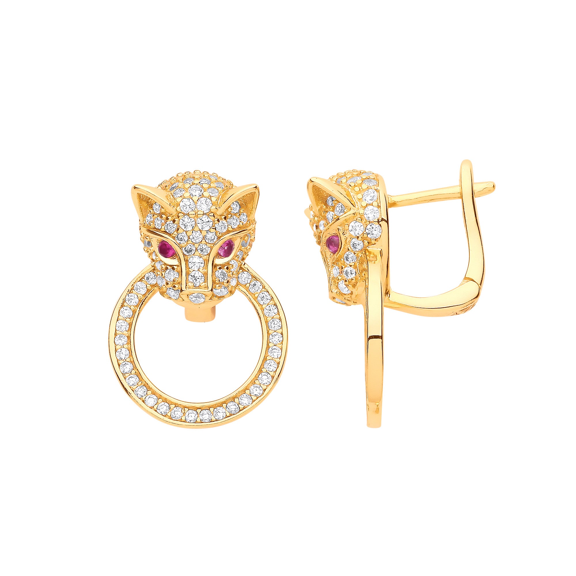 Silver Yellow Gold Plated Cubic Zirconia Jaguar Door Knocker Drop Earrings - Silver