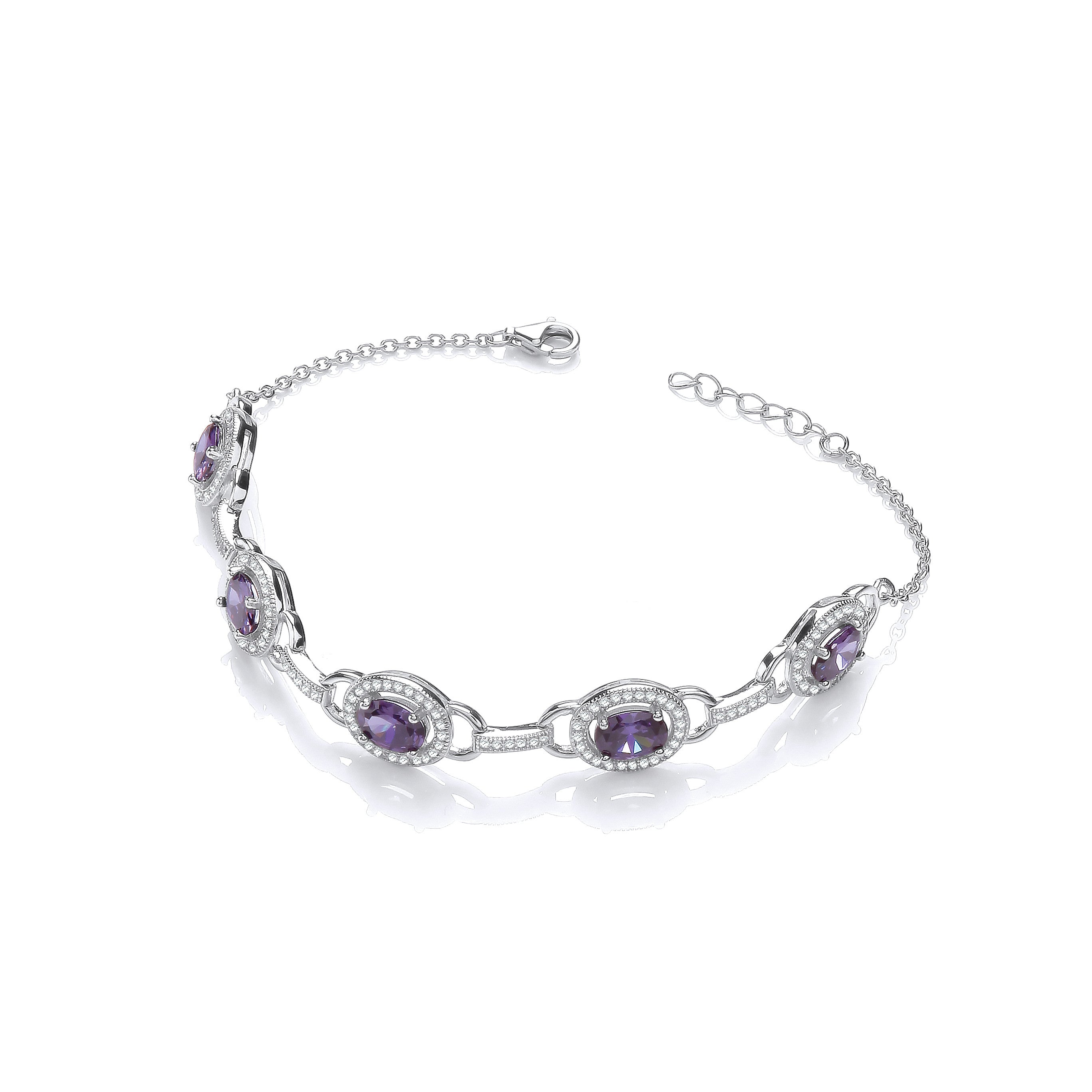 Amethyst & Clear Cubic Zirconias Halo Style Ladies Silver Bracelet - Silver