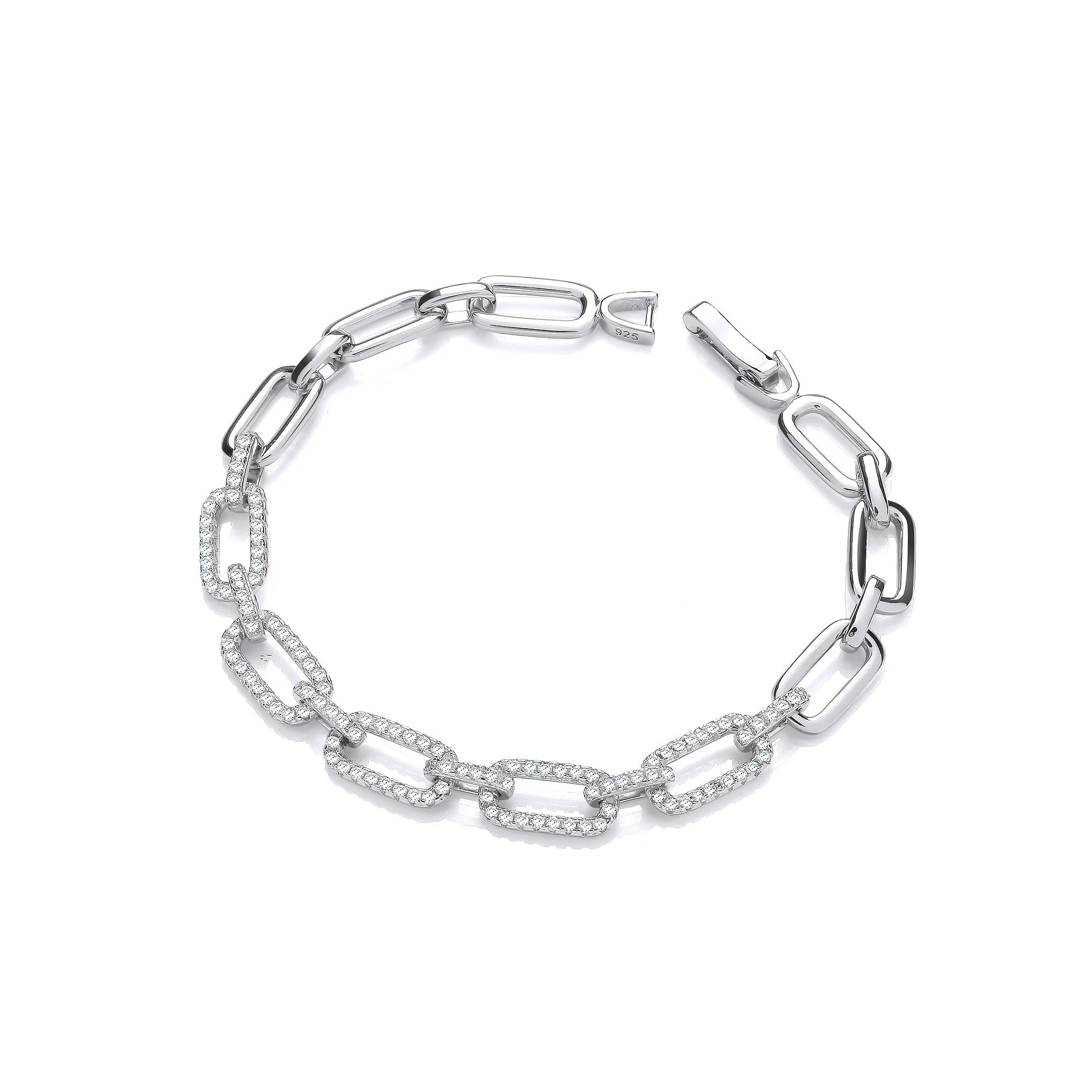 Rectangle Link Ladies Silver Cubic Zirconia Bracelet - Silver