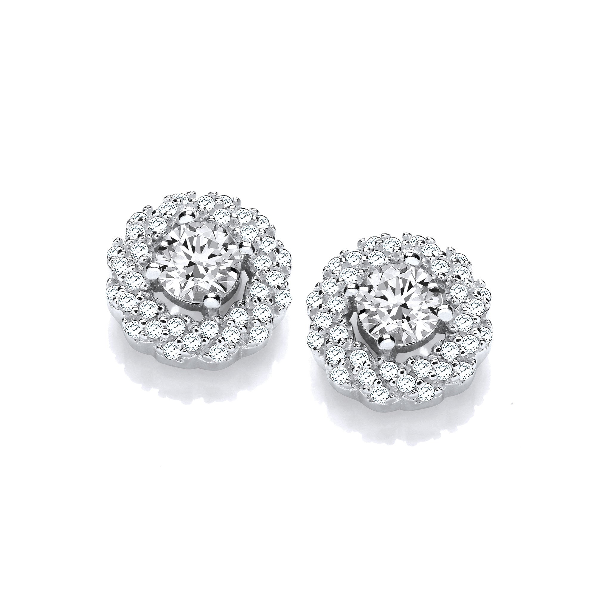 Halo Style Cubic Zirconia Stud Earrings - Silver
