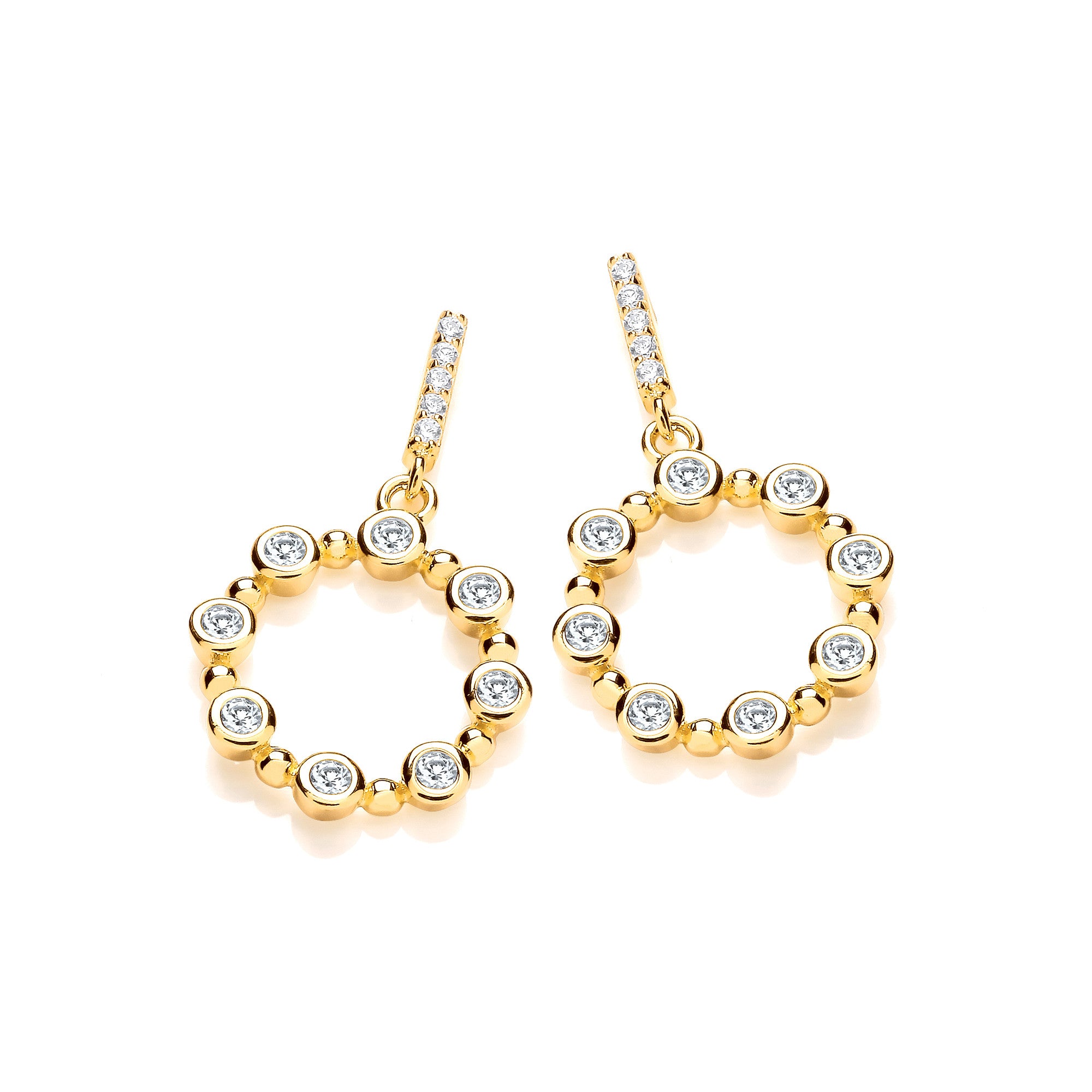 Yellow Gold Plated Silver Rubover Cubic Zirconias Circle Drop Earrings - Silver