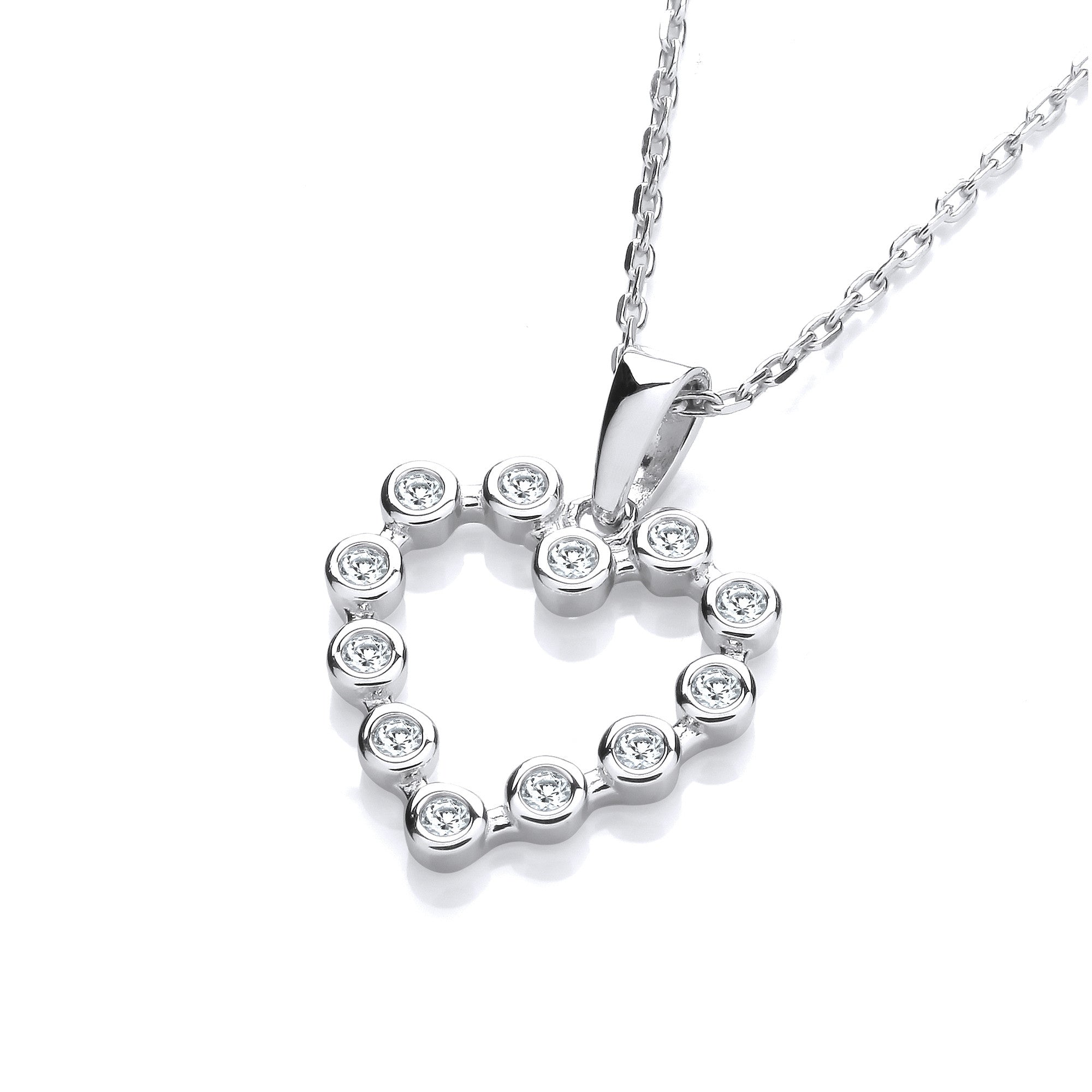 Heart Rubover Cubic Zirconias Drop Pendant with Chain - Silver