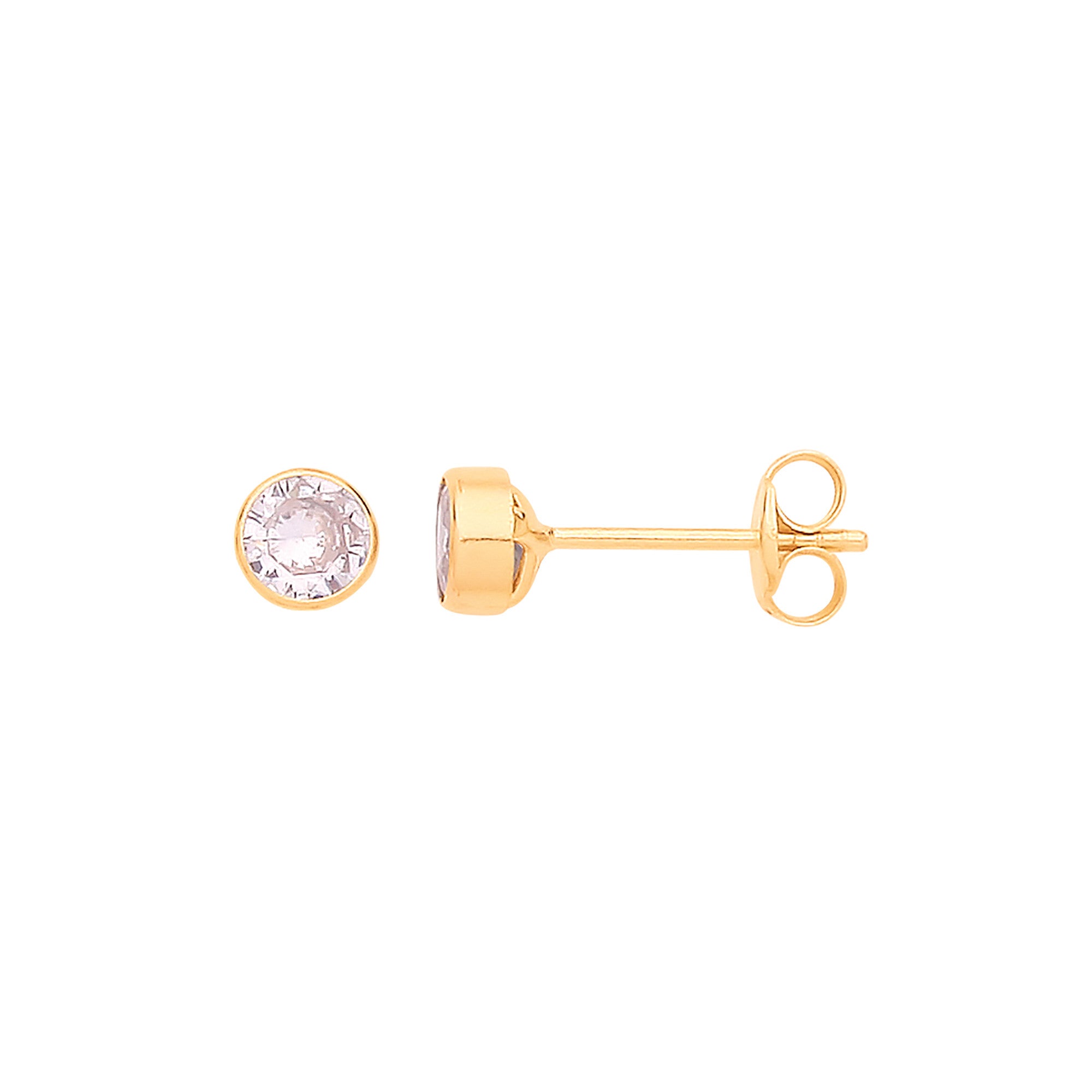 9ct Yellow Gold 4mm Rubover Set Clear Cubic Zirconia Studs - 9ct Gold