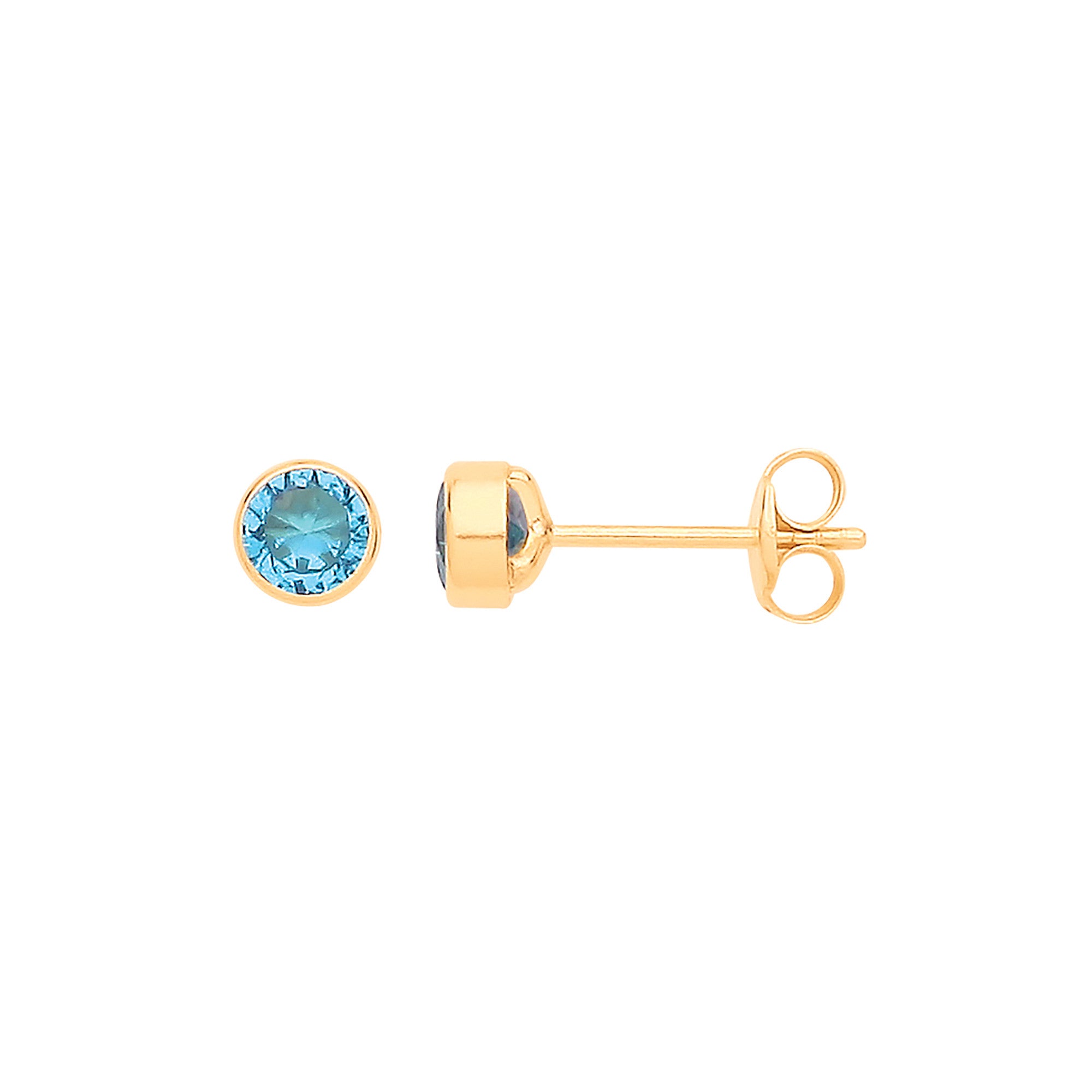 9ct Yellow Gold 4mm Rubover Set Blue Cubic Zirconia Studs - 9ct Gold