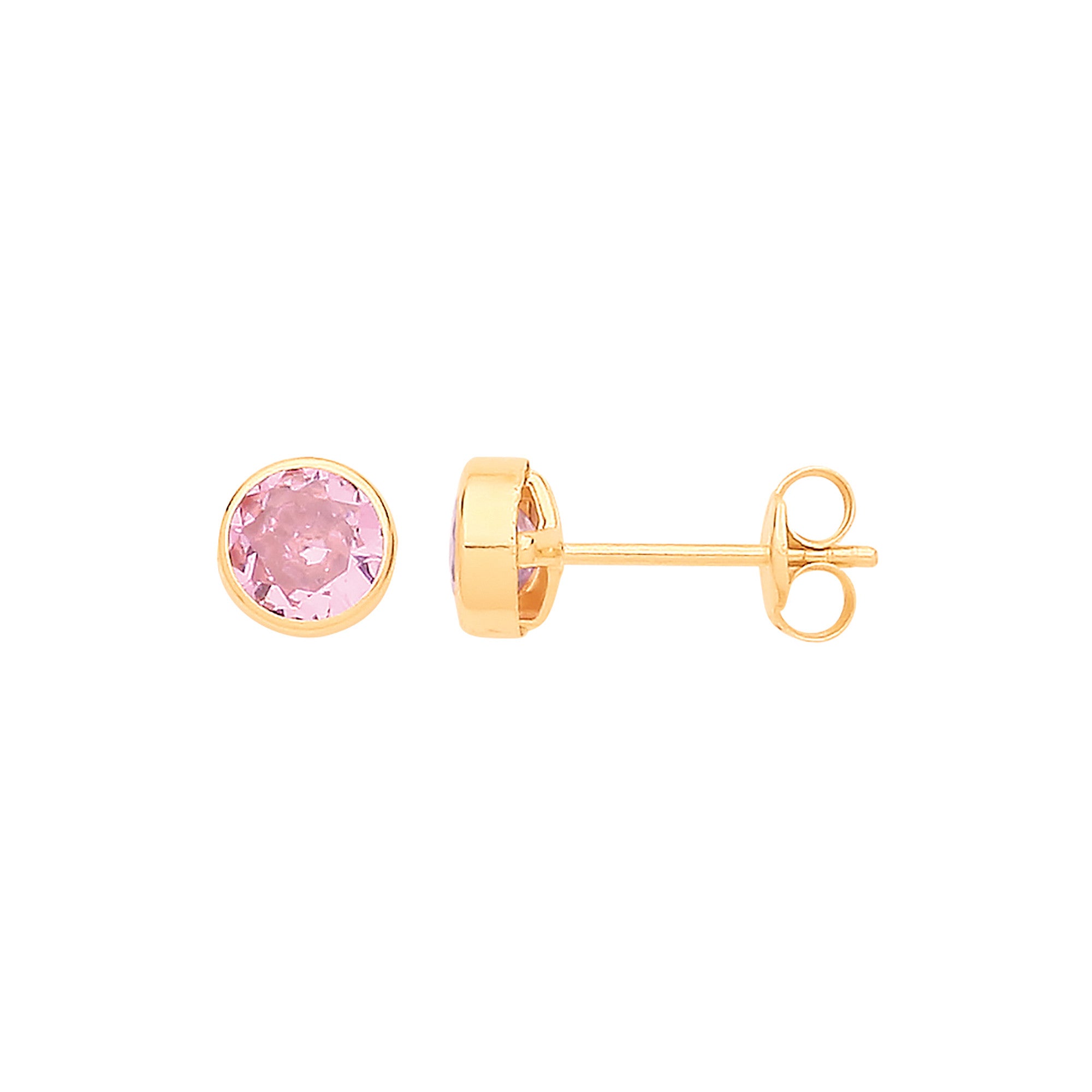 9ct Yellow Gold 5mm Rubover Set Pink Cubic Zirconia Studs - 9ct Gold