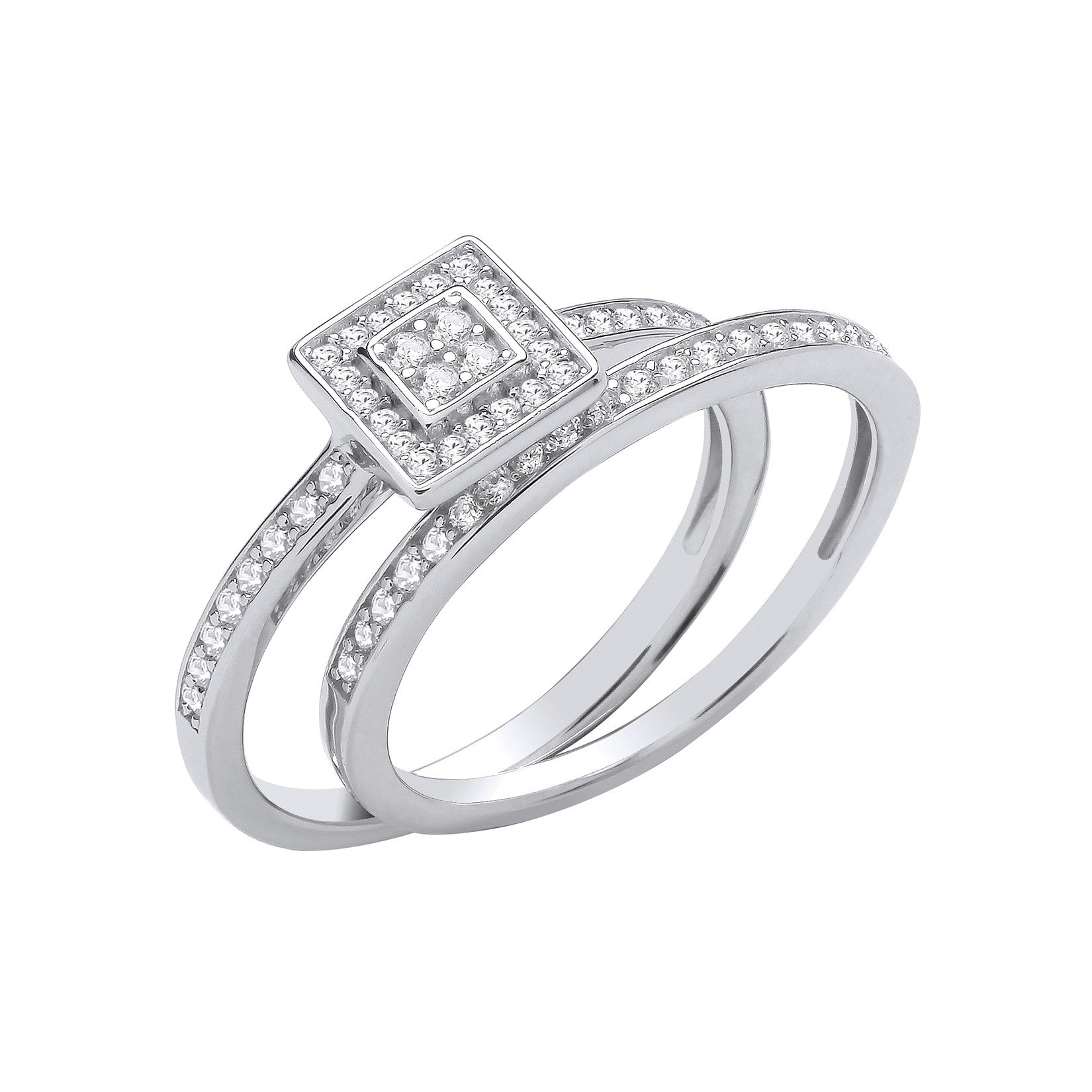 Silver Bridal Set Round Cubic Zirconias Half ET Rings - Silver