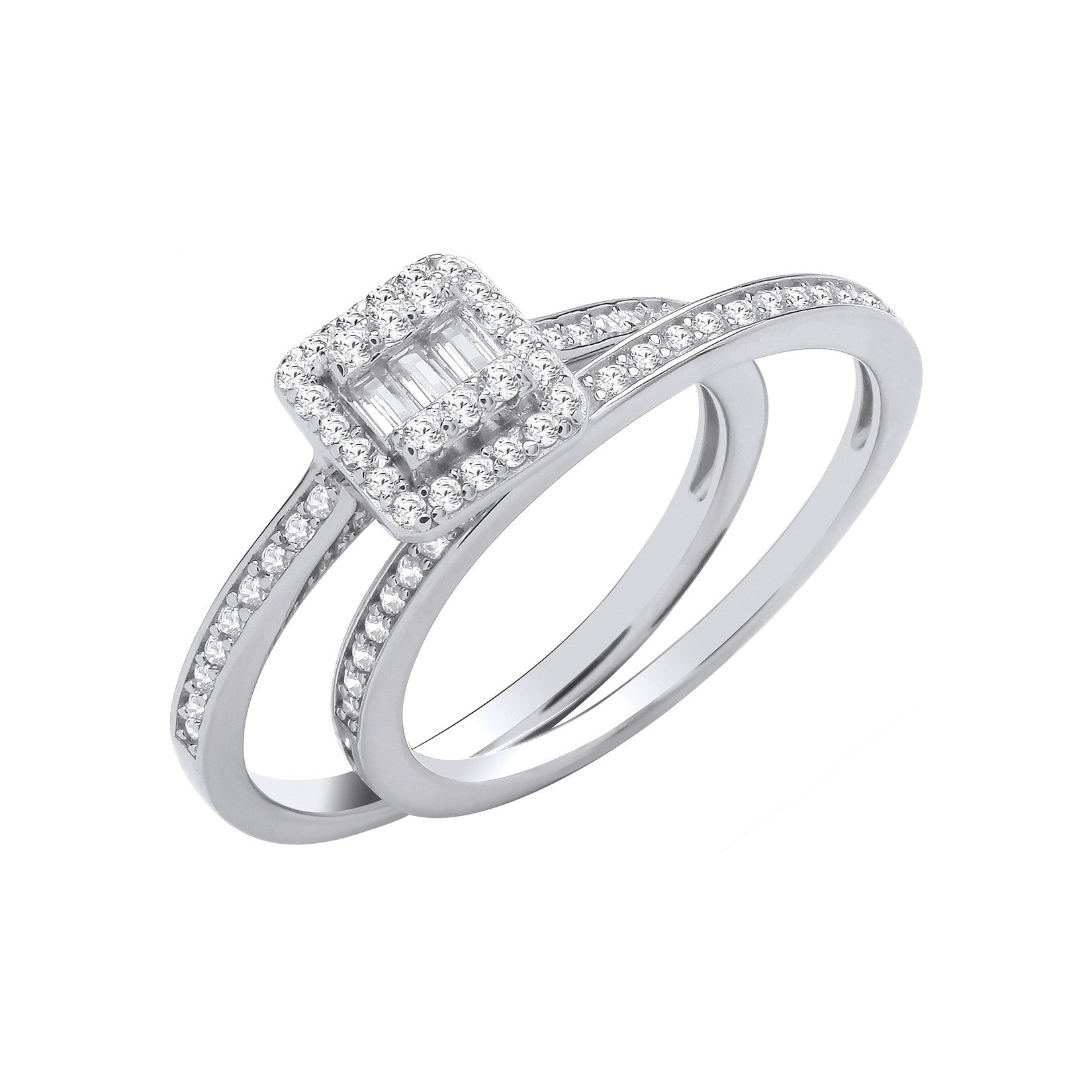 Silver Bridal Set Baguettes Centre & Round Cubic Zirconias Half ET Rings - Silver
