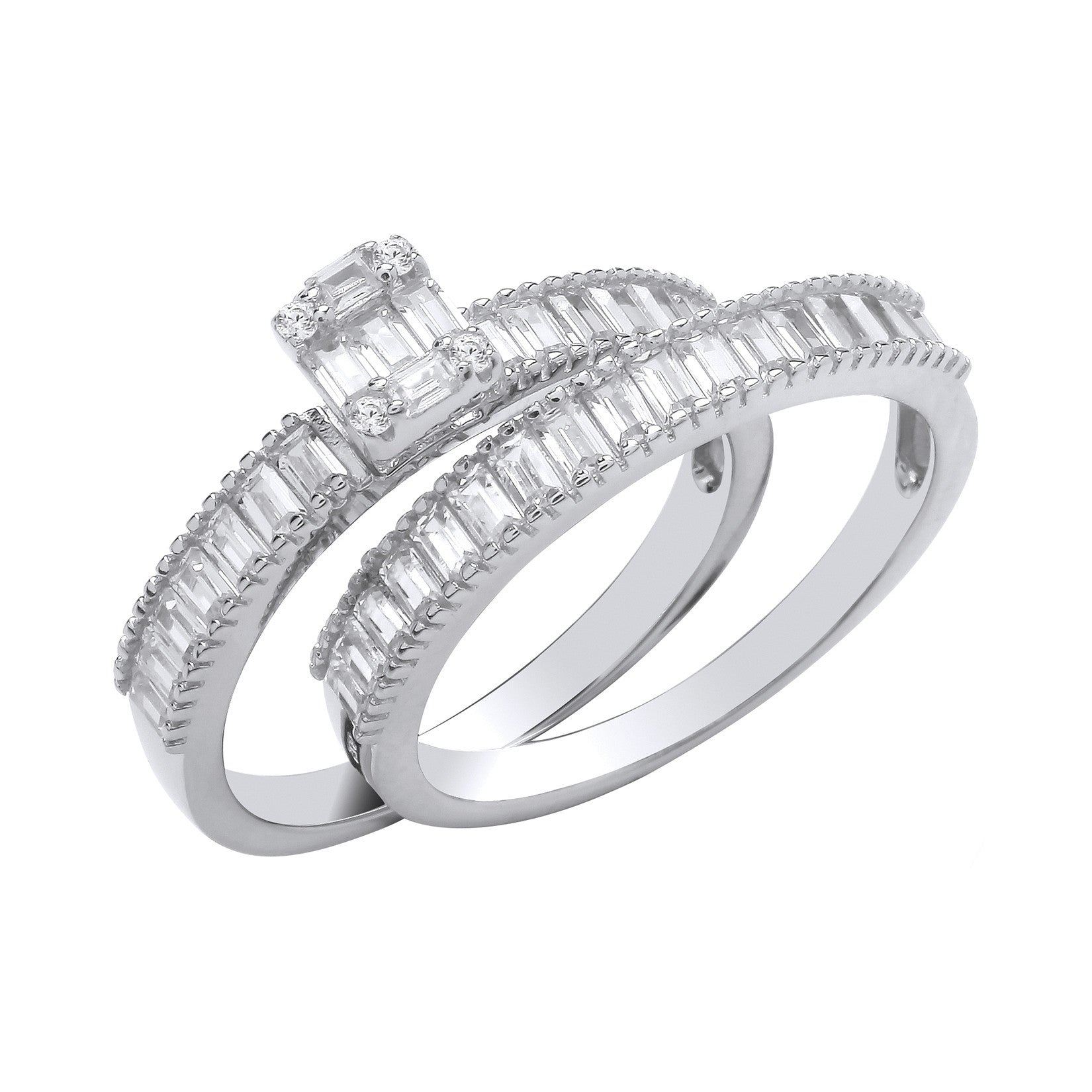 Silver Bridal Set Baguette Cubic Zirconias Half ET Rings - Silver