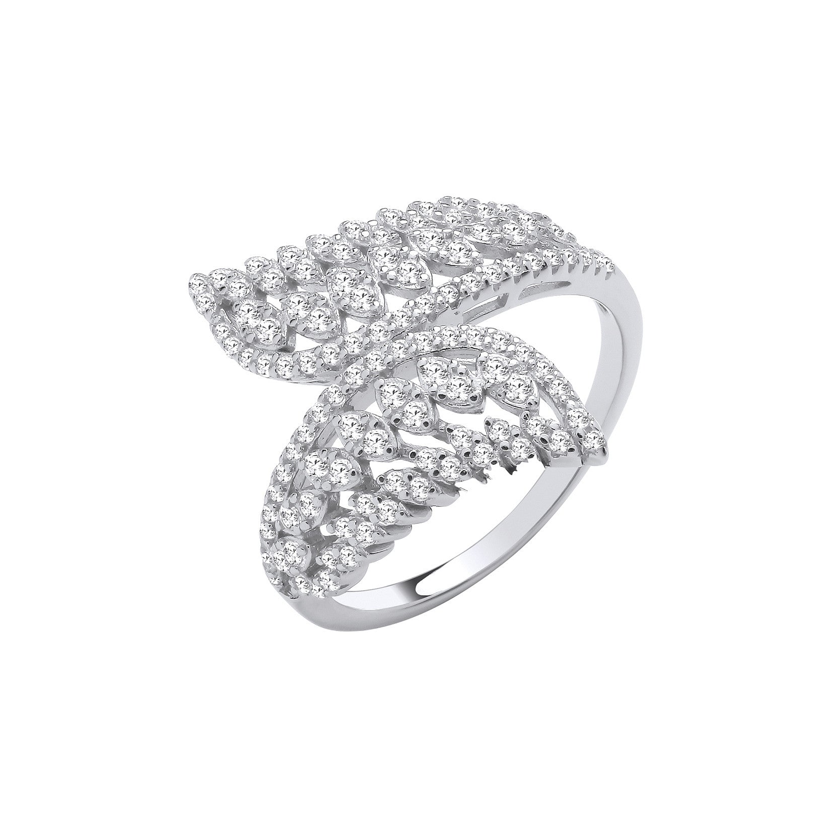 Silver Cross Over Leaf Style Cubic Zirconias Rings - Silver