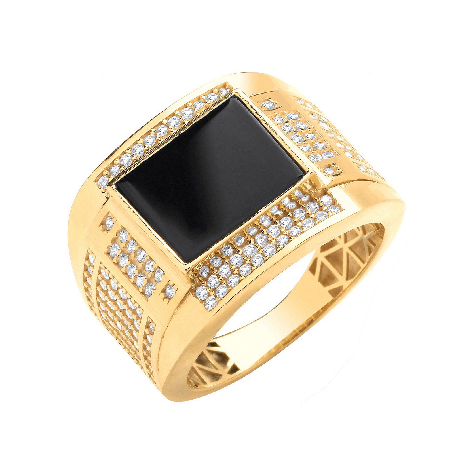 Yellow Gold Cubic Zirconias & ONYX Square Gents Ring - 9ct Gold