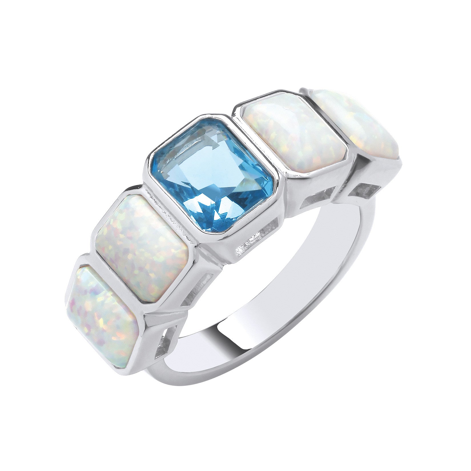 Silver Opal & Blue Cubic Zirconia Stones Ring - Silver