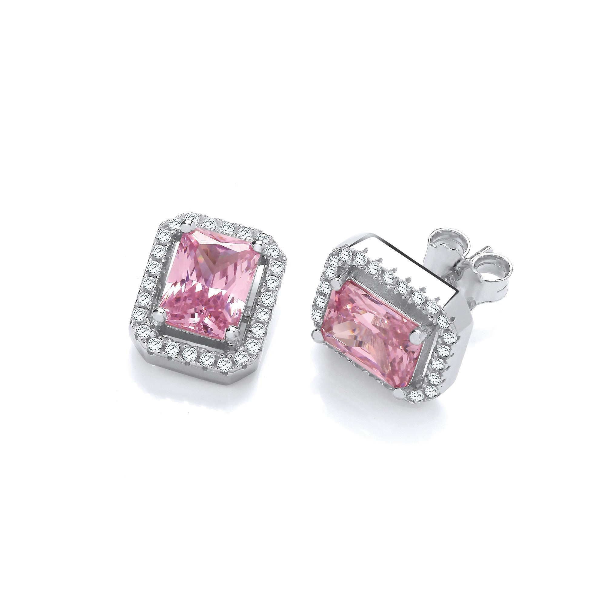 Silver Pink Cubic Zirconias Halo Stud Earrings - Silver