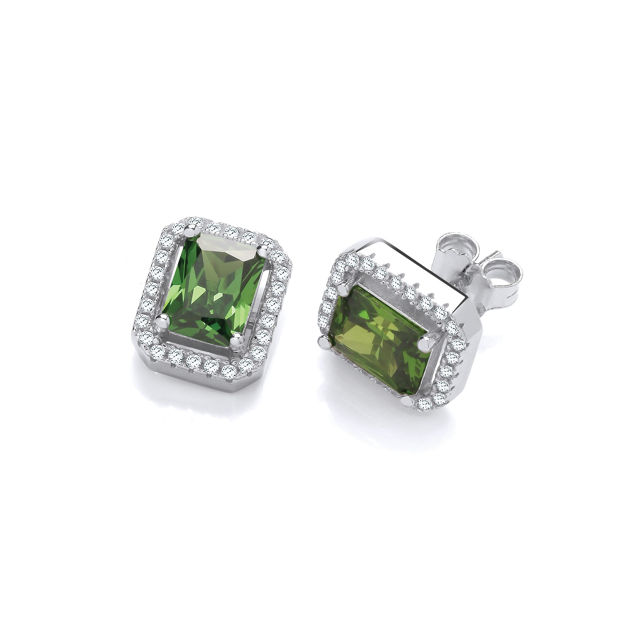 Silver Green Cubic Zirconias Halo Stud Earrings - Silver