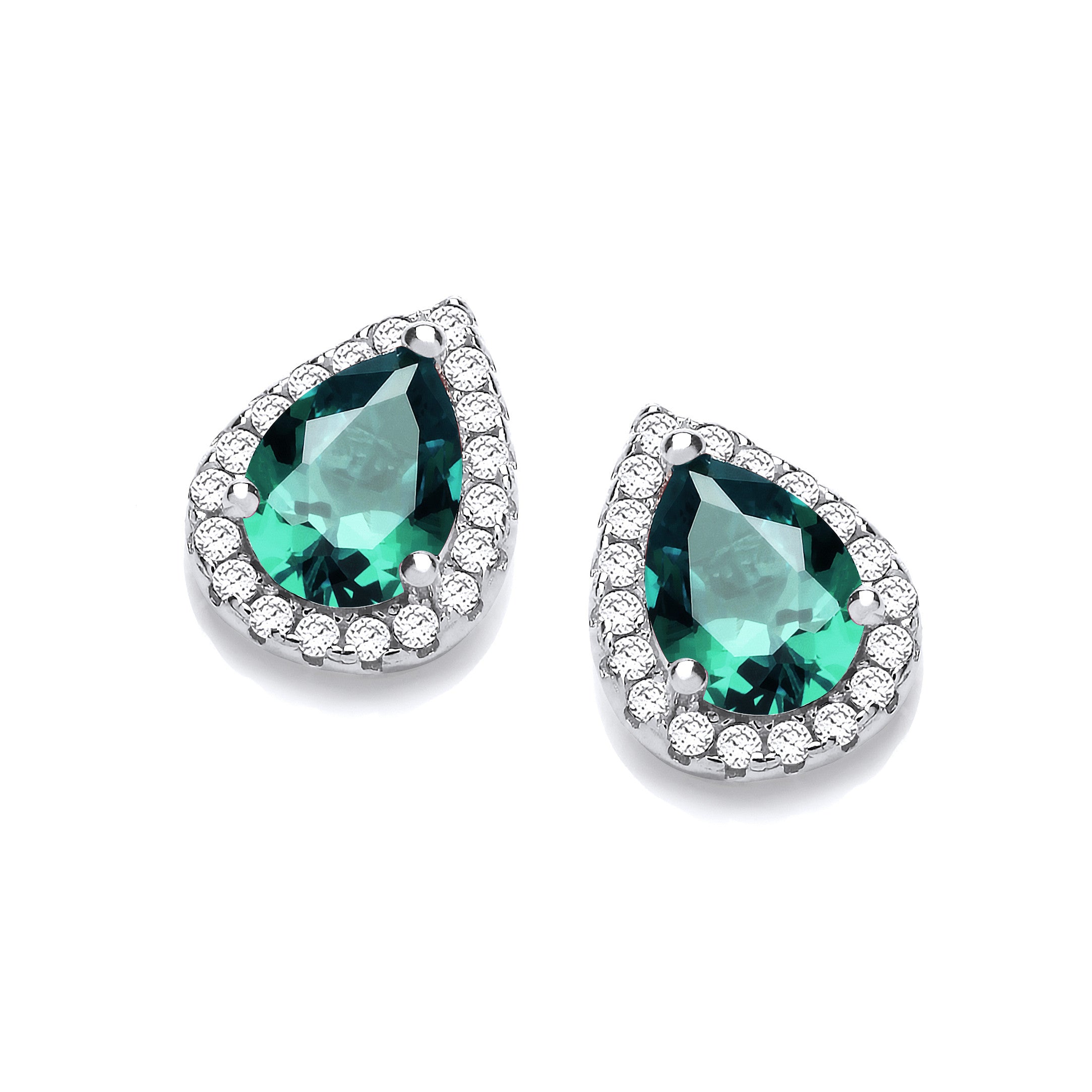Teardrop Emerald Green Cubic Zirconia Stud Earrings - Silver