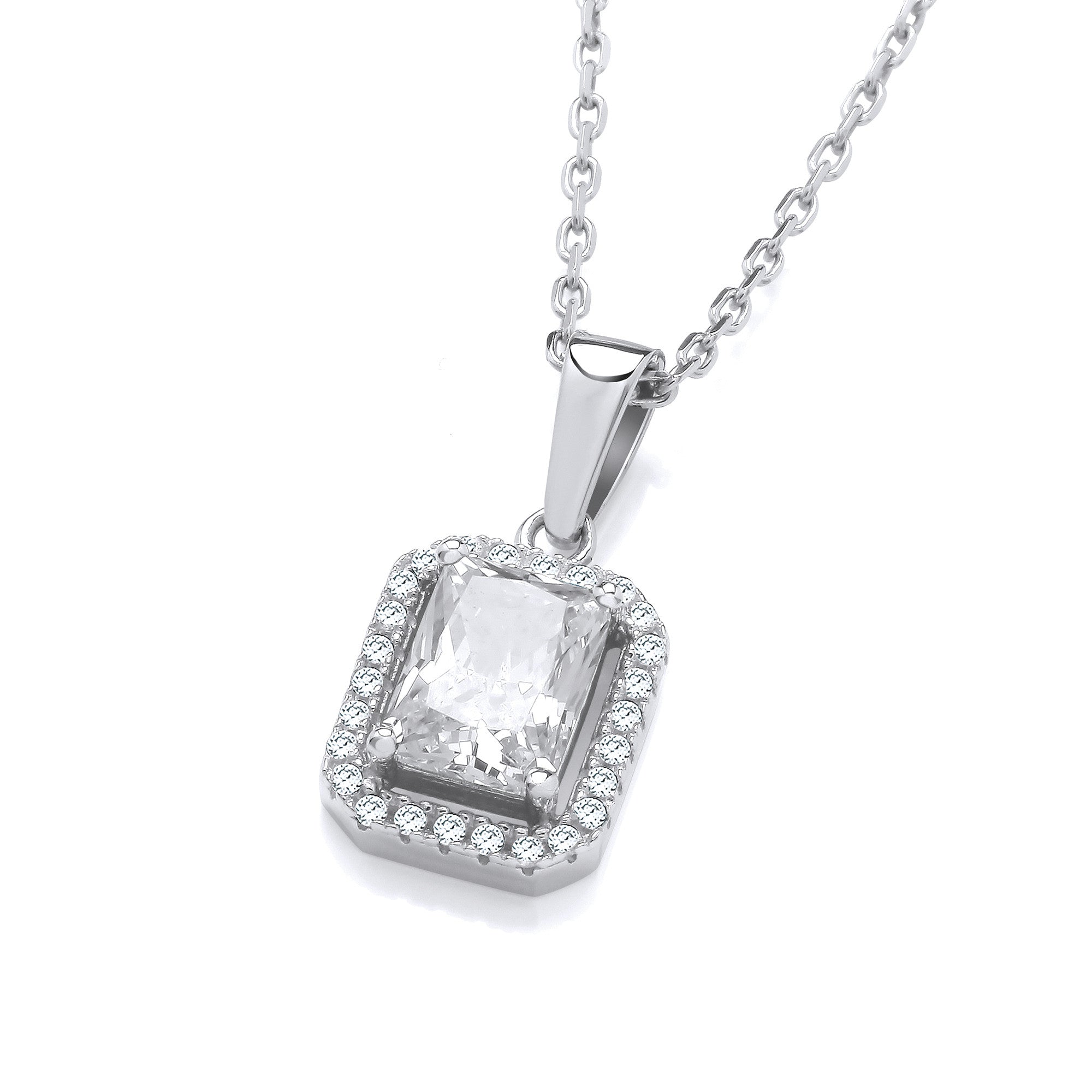 Silver Clear Cubic Zirconias Halo Stud Pendant with Chain - Silver