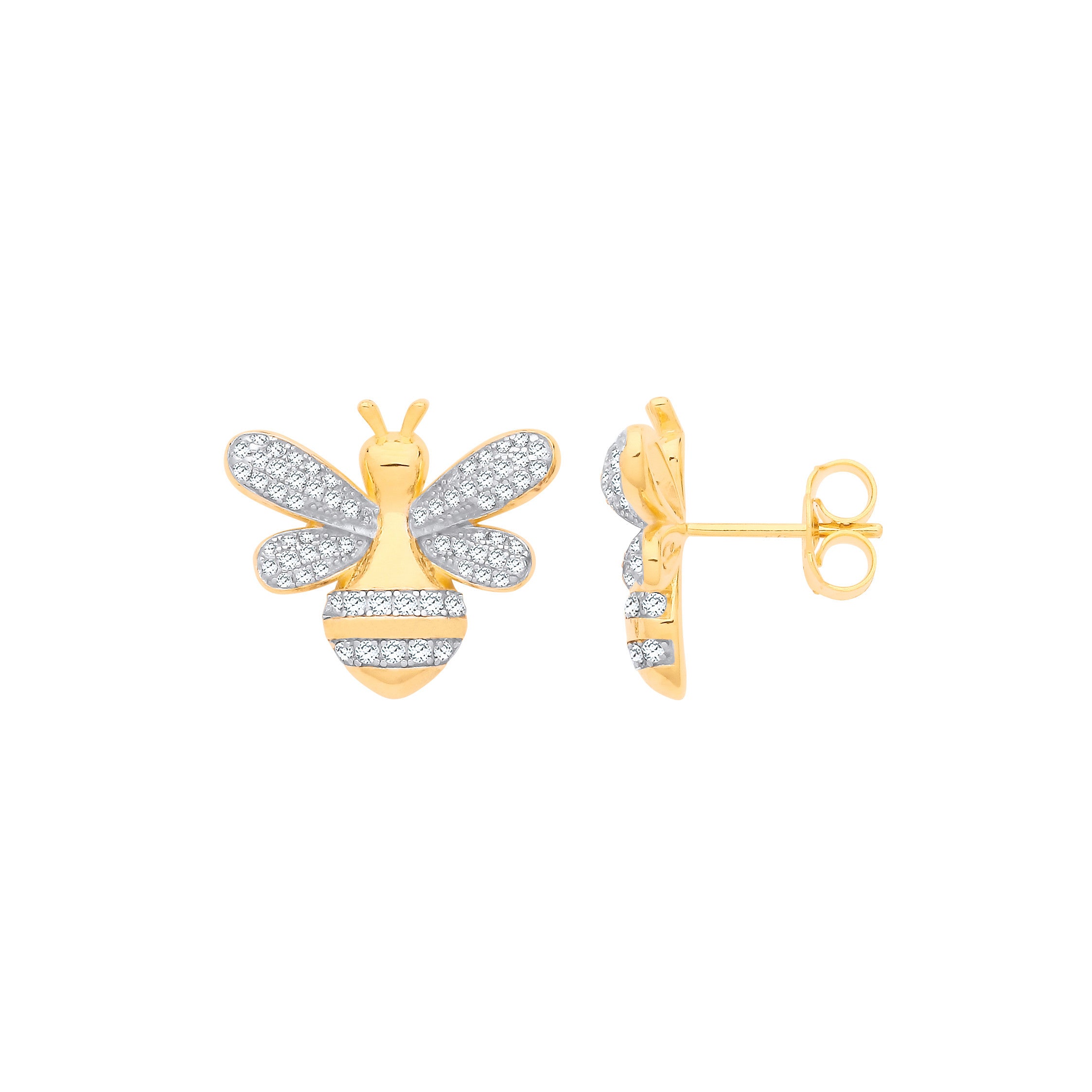 Silver Gold plated Cubic Zirconia Bumblebee Stud Earrings - Silver