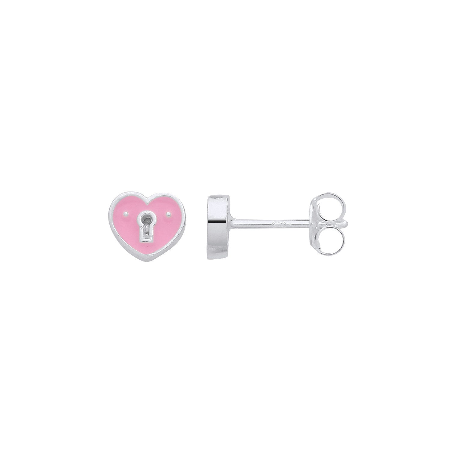 Silver Pink Enamel Heart Keyhole Stud Earrings - Silver