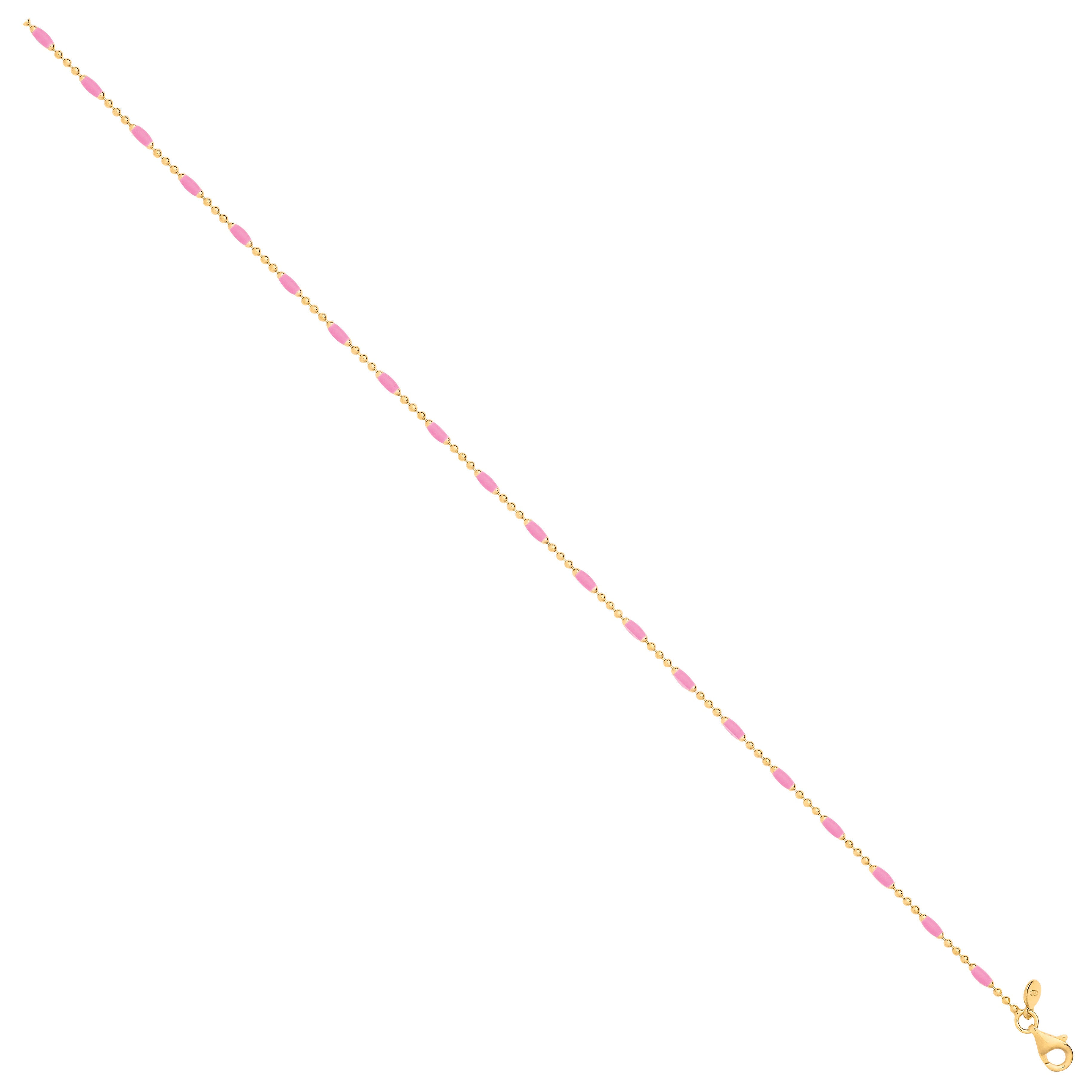 Silver Yellow Gold Plated Pink Enamel Anklet - Silver