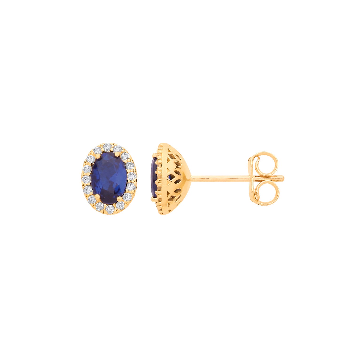 Yellow Gold Oval Blue Cubic Zirconia Stud Earrings - 9ct Gold