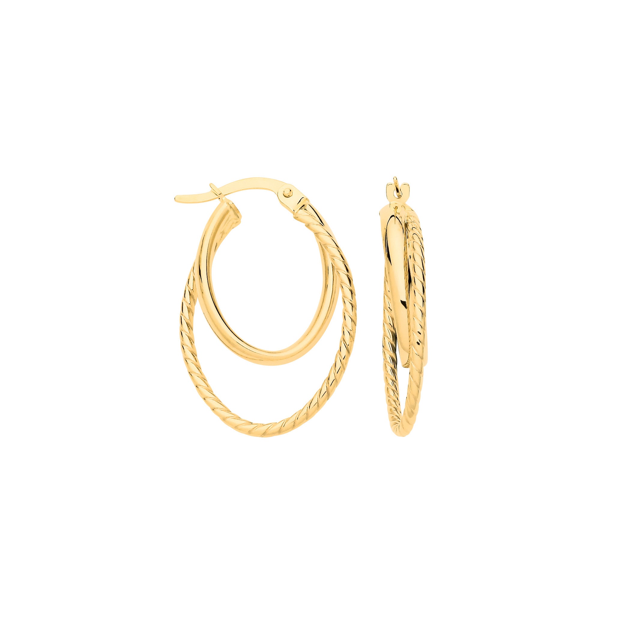 Yellow Gold Plain & Twisted Oval Hoop Earrings - 9ct Gold