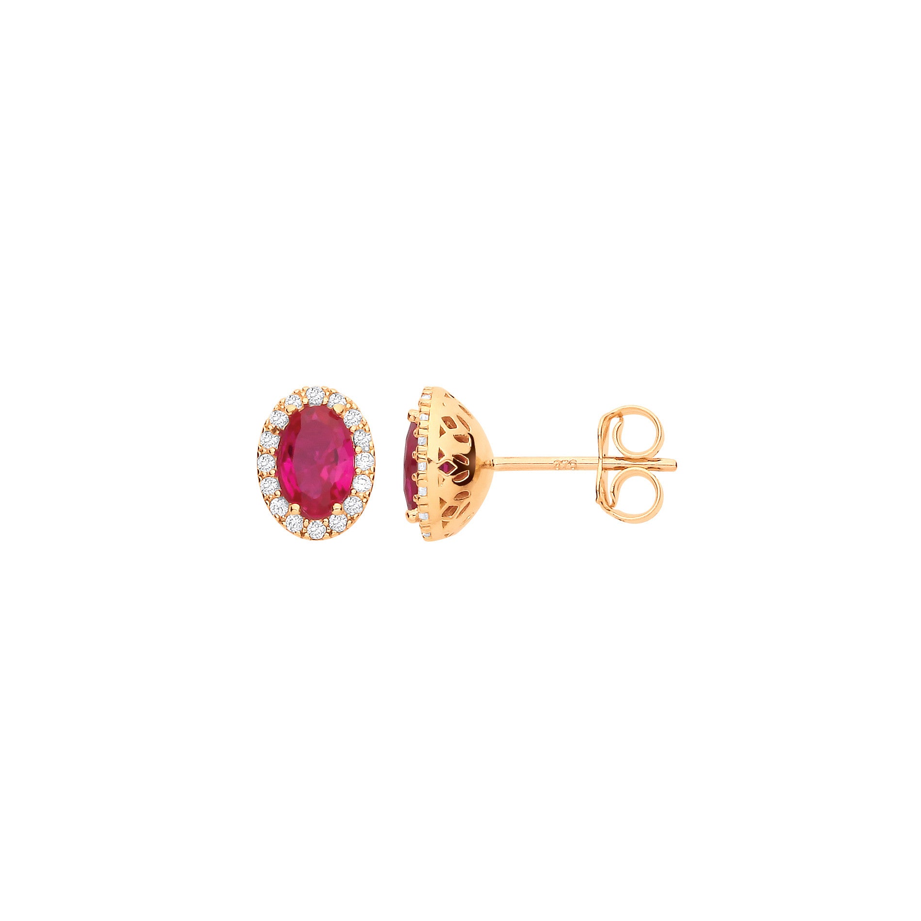 Yellow Gold Oval Ruby Red Cubic Zirconia Stud Earrings - 9ct Gold