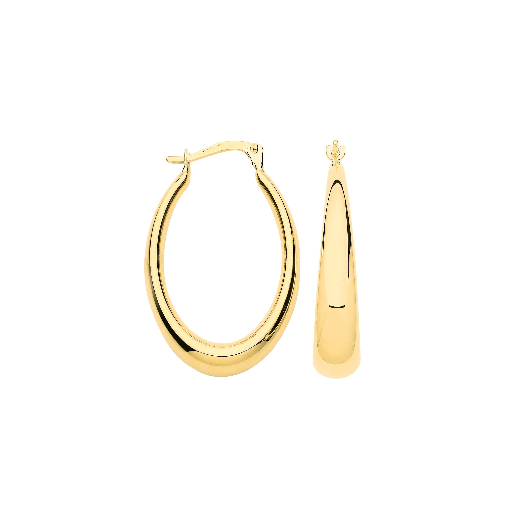 Yellow Gold Plain Elongated Oval Hoop Earrings - 9ct Gold