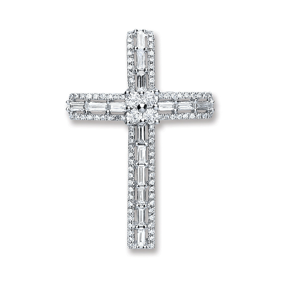 18ct White Gold 1.00ct Baguette & Brilliant Cut Diamond Cross Pendant - 18ct Gold