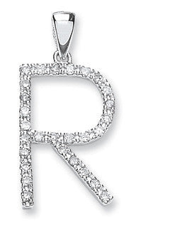 9ct White Gold 0.24ct Diamond R Initial - 9ct Gold