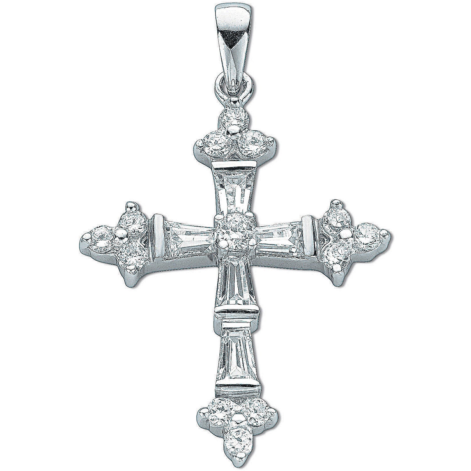 Silver Fancy Baguette Cut Cubic Zirconia Cross - Silver