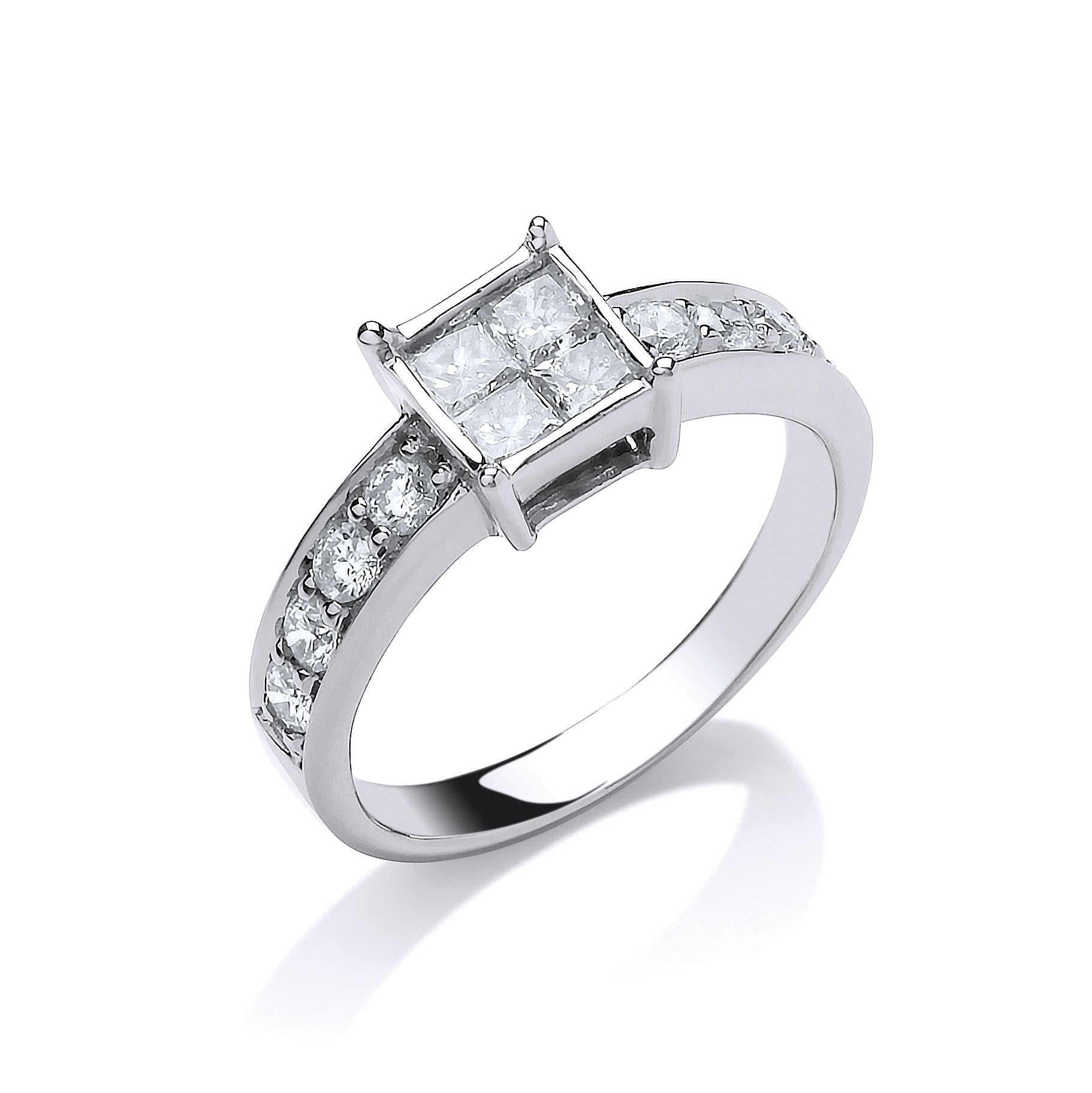 18ct White Gold 0.75ct 4 Stone Centre Princess Cut Diamond Engagement Ring - 18ct Gold