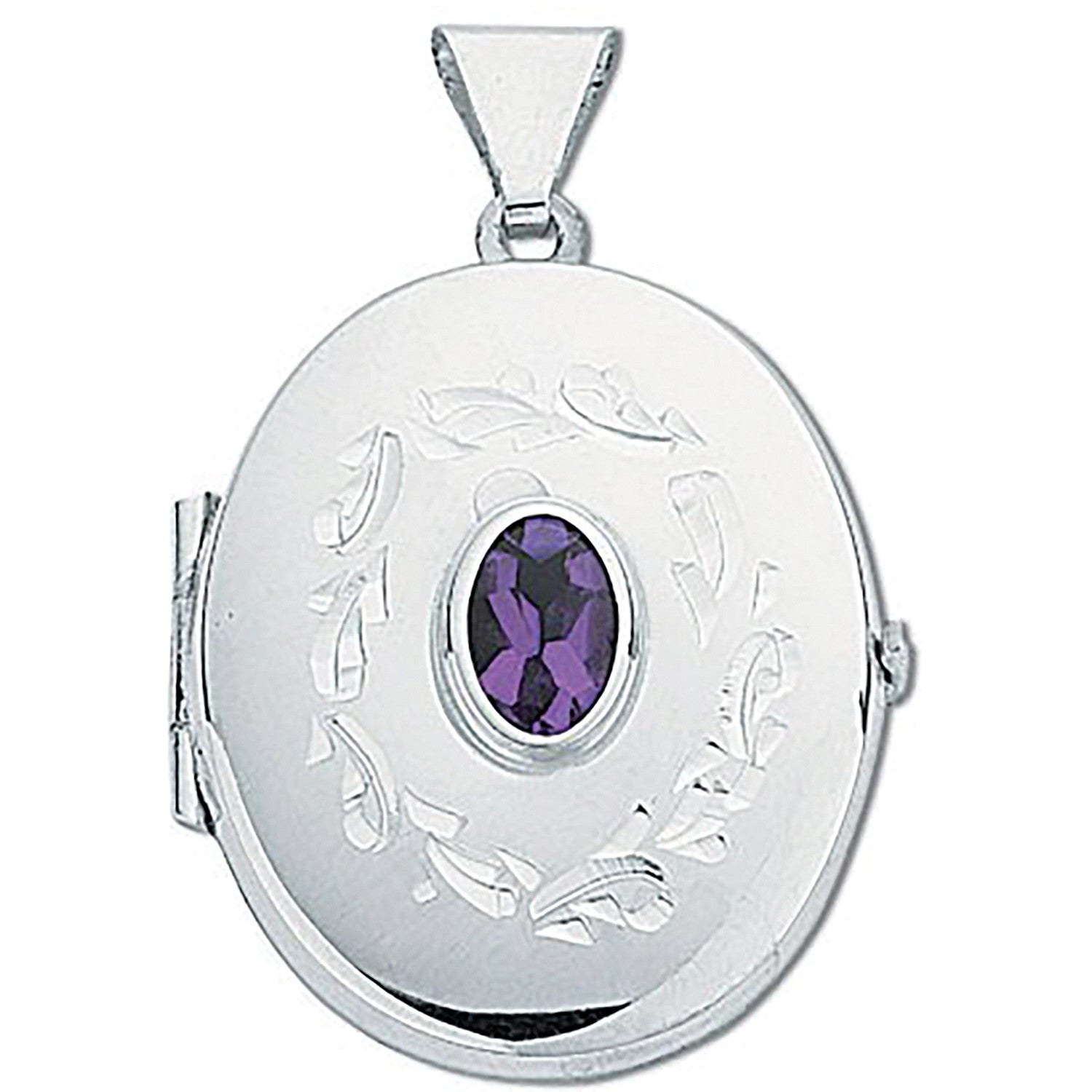 Silver Oval Shaped Amethyst Set Locket - Silver