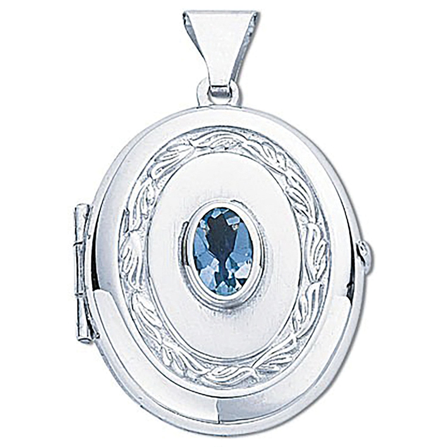Silver Oval Shaped Blue Topaz Set Locket - Silver