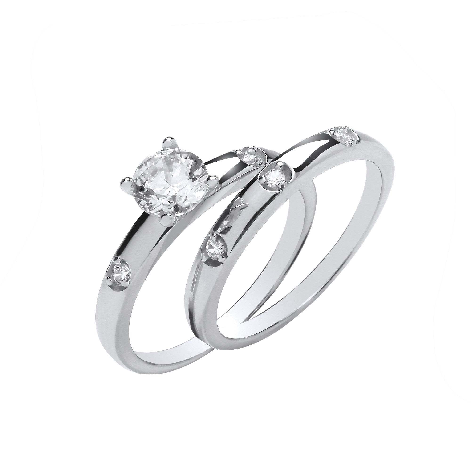 Silver Bridal Set S/S Round Cubic Zirconias Half ET Rings - Silver