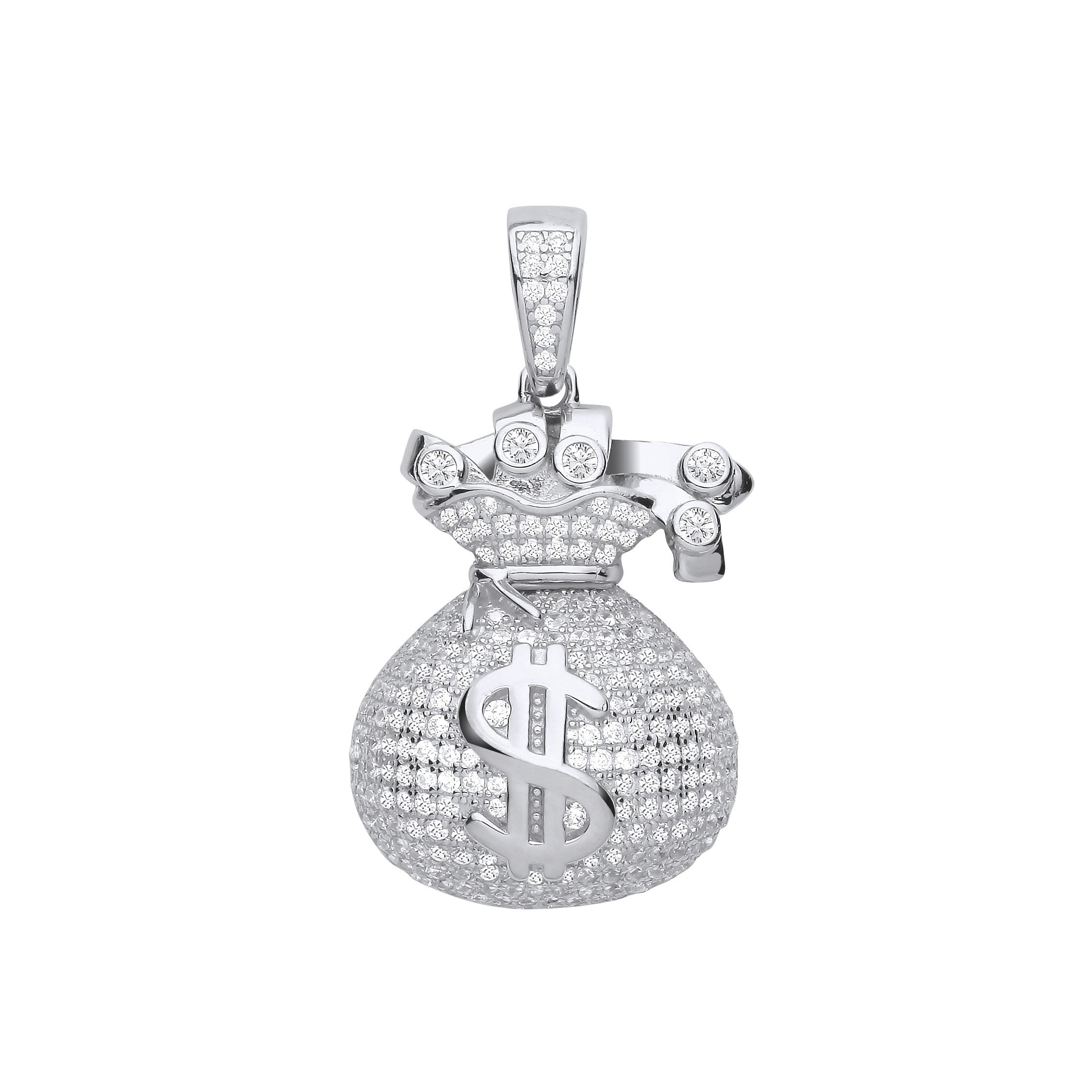 Silver $ Money Bag Cubic Zirconia Hollow Pendant - Silver