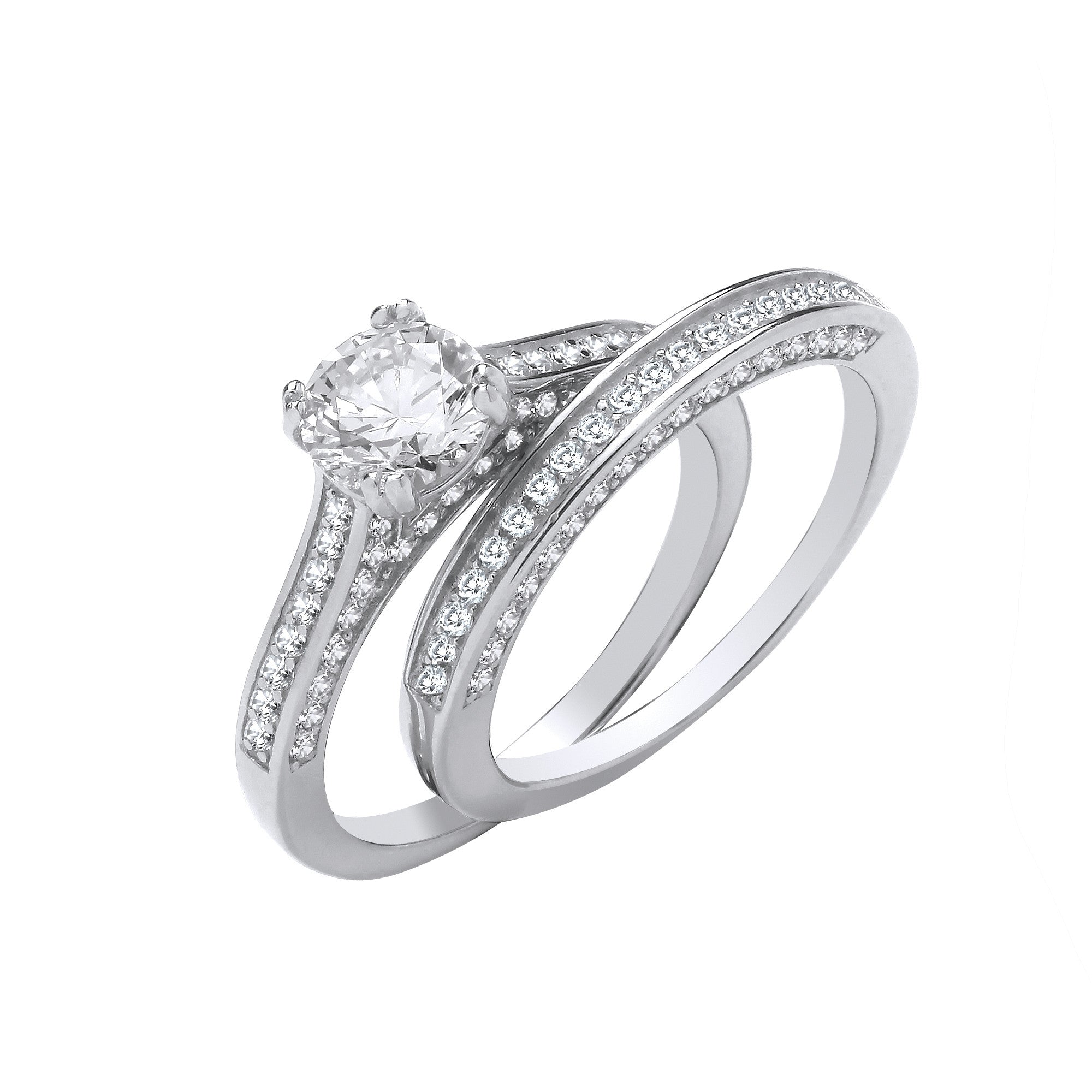 Silver Bridal Set S/S & Shoulder Cubic Zirconias Half ET Rings - Silver