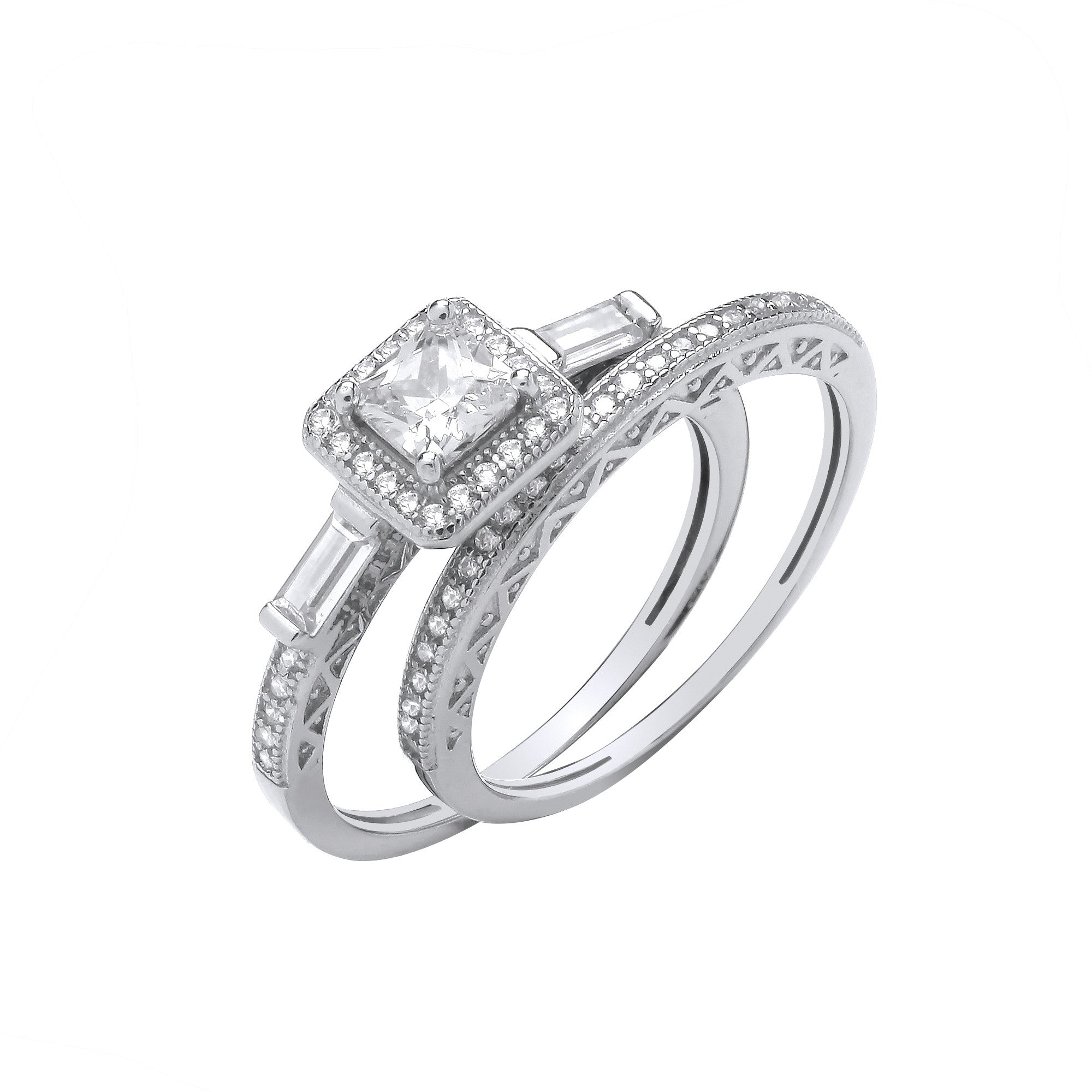 Silver Bridal Set P/Cut & Baguette Cubic Zirconias Half ET Rings - Silver