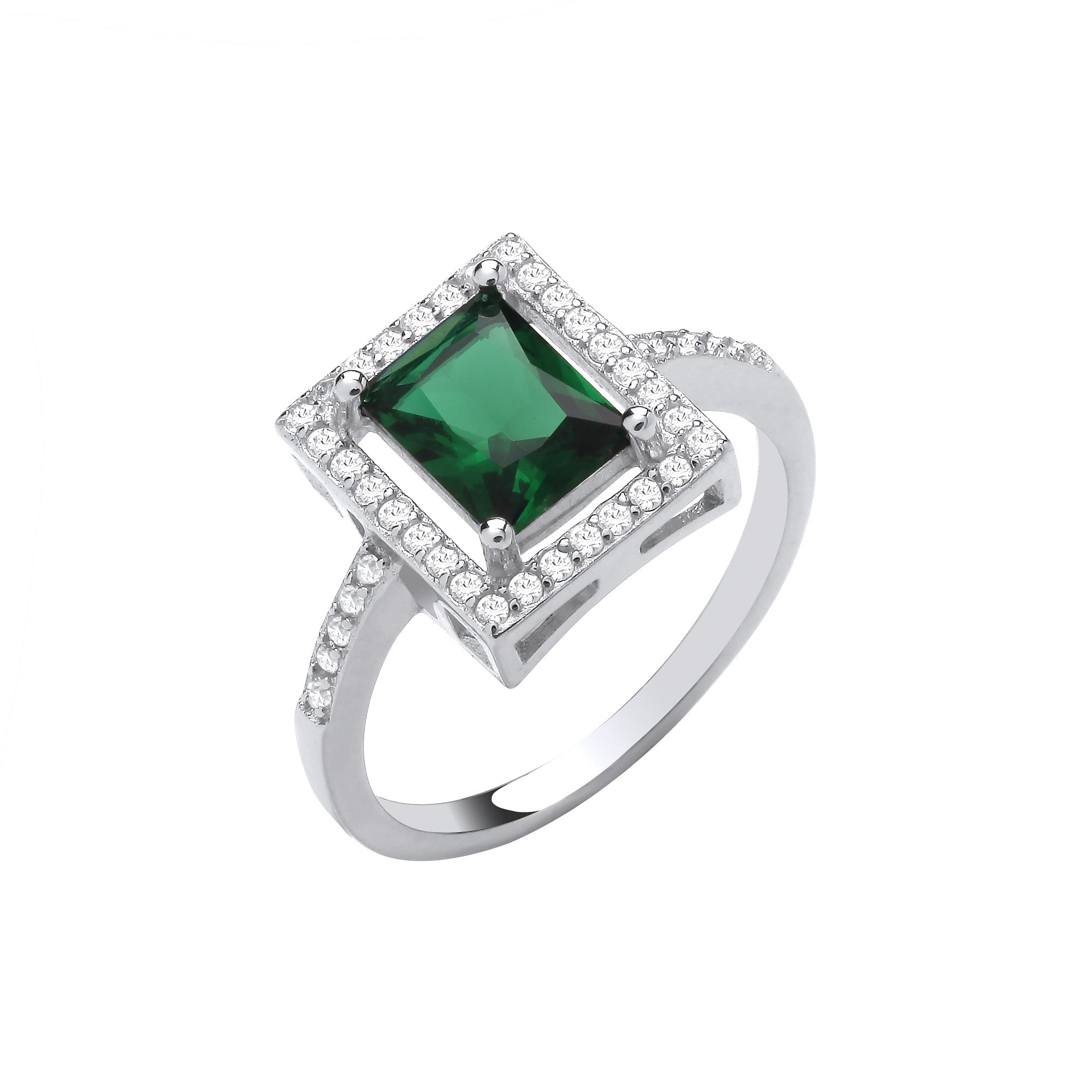 Silver Green Cubic Zirconia Halo Style Ring - Silver