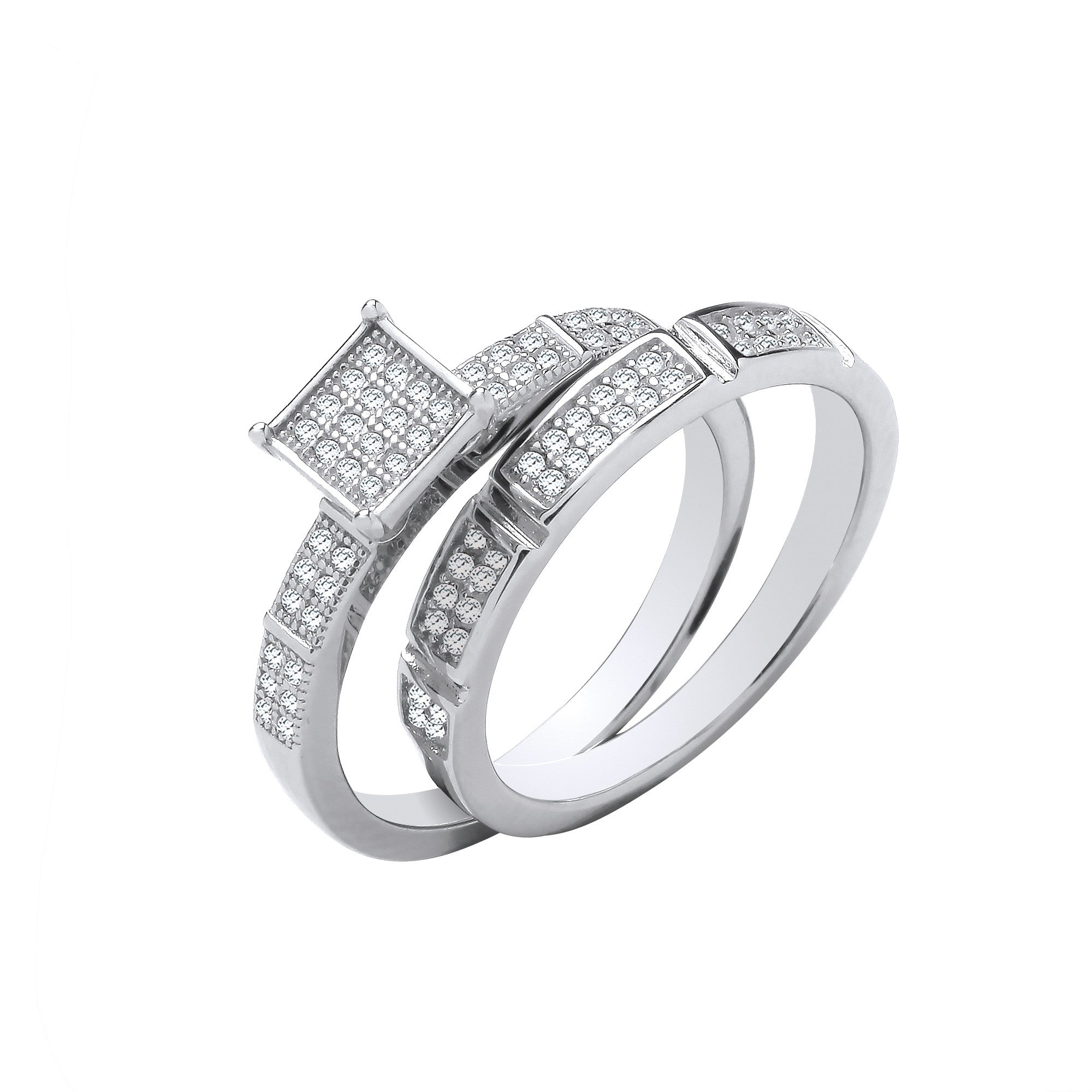 Silver Bridal Set Square Top Cubic Zirconia Half ET Rings - Silver