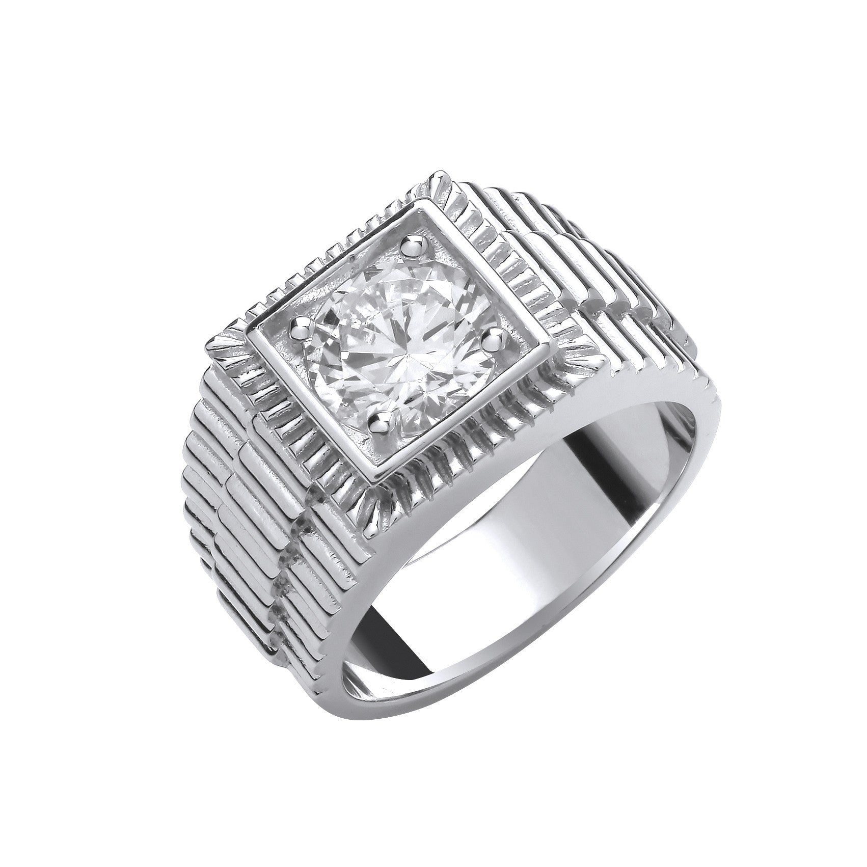 Silver Square Top with Round Cubic Zirconia Gents Ring - Silver