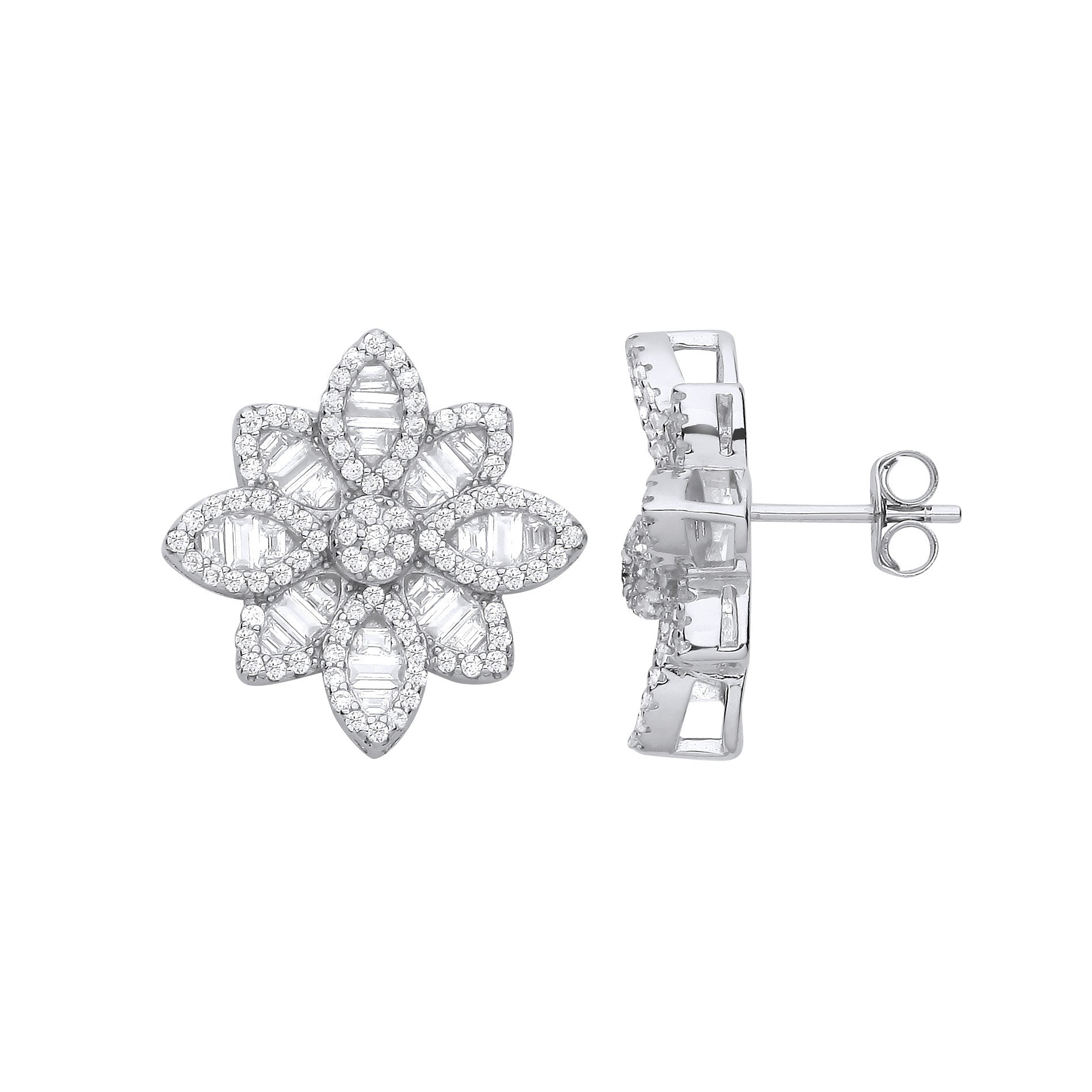 Silver Cubic Zirconia Big Flower Studs - Silver