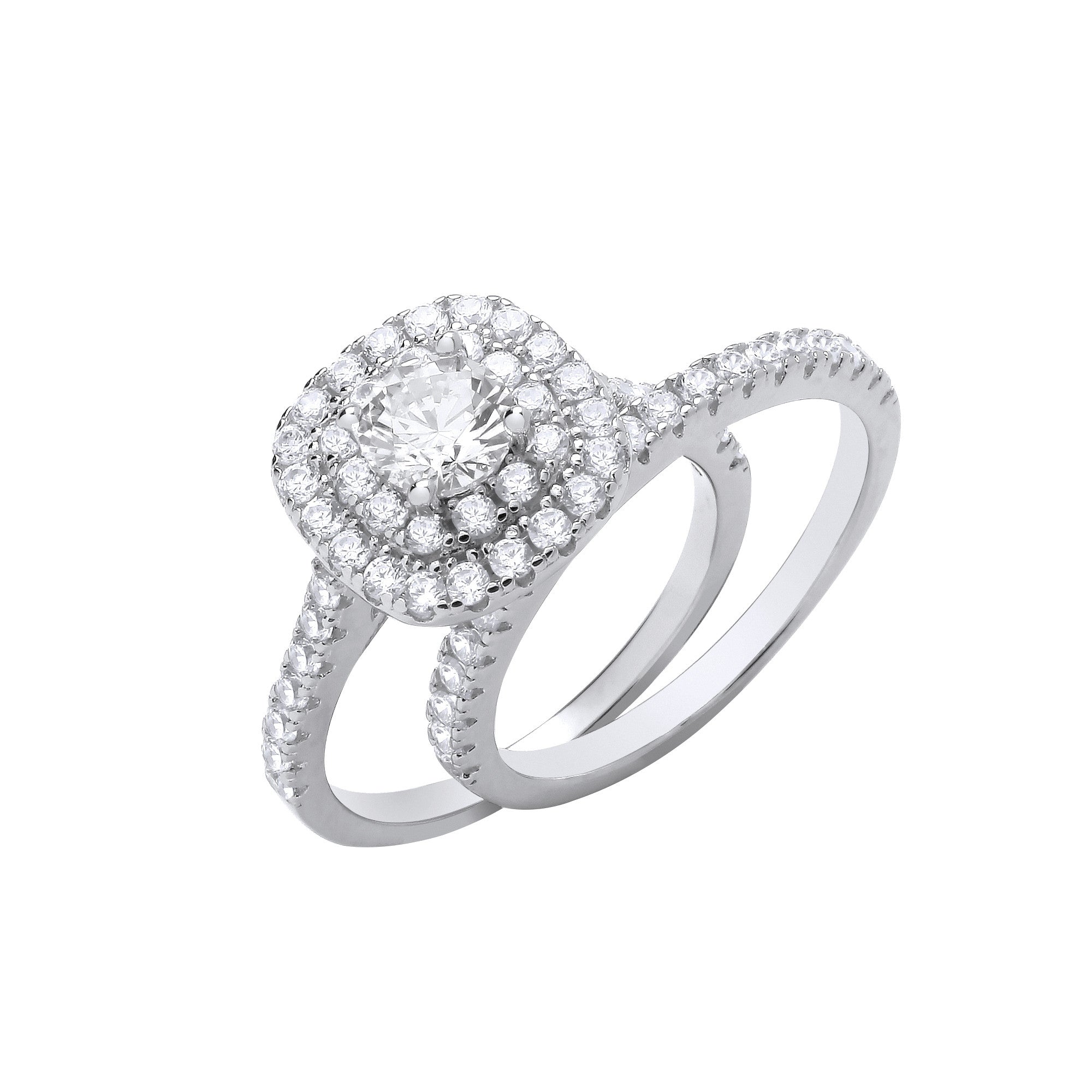 Silver Bridal Cushion Style Set Round Cubic Zirconia Centre - Silver