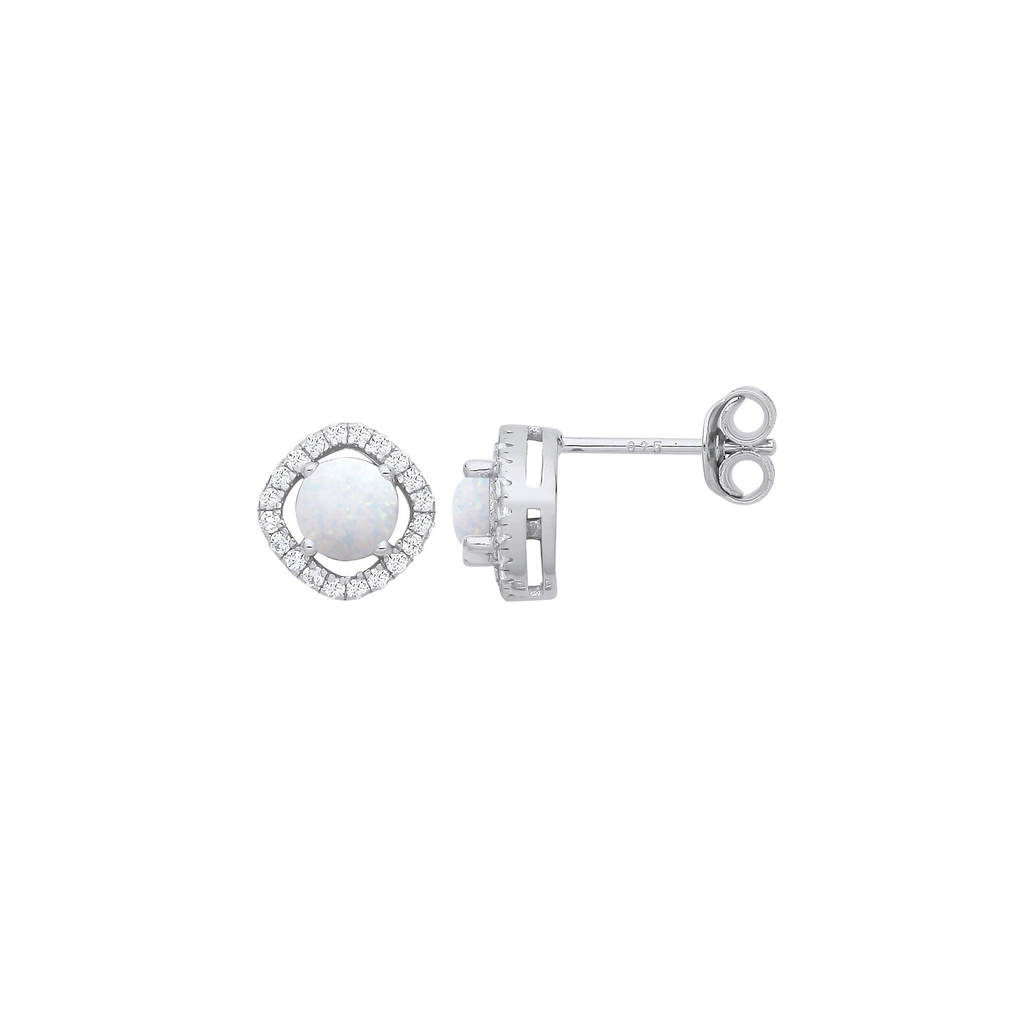 Silver Opal & Cubic Zirconia Halo Style Stud Earrings - Silver