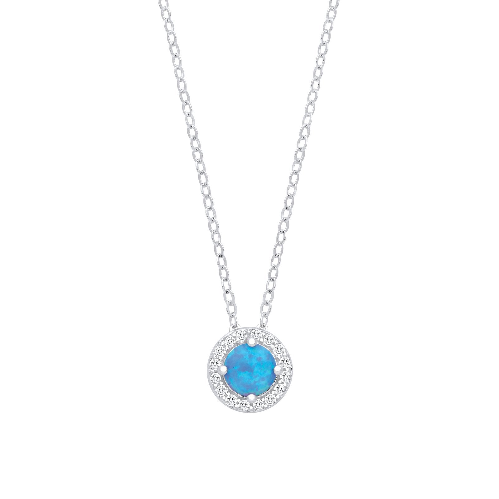 Silver Blue Opal Round Pendant with Chain