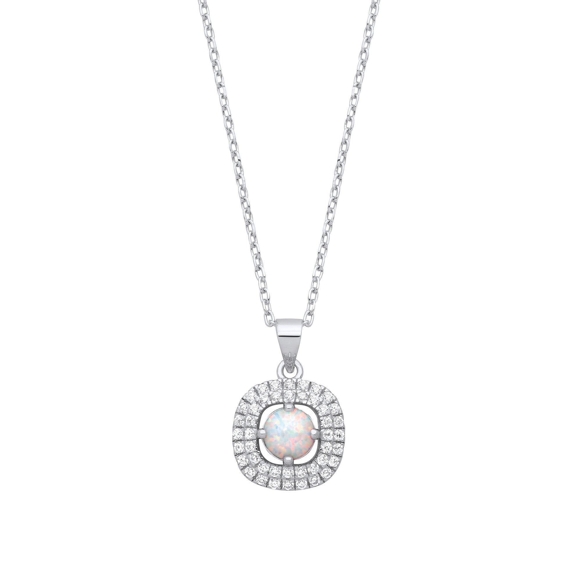 Silver Opal Halo Style Pendant with Chain - Silver