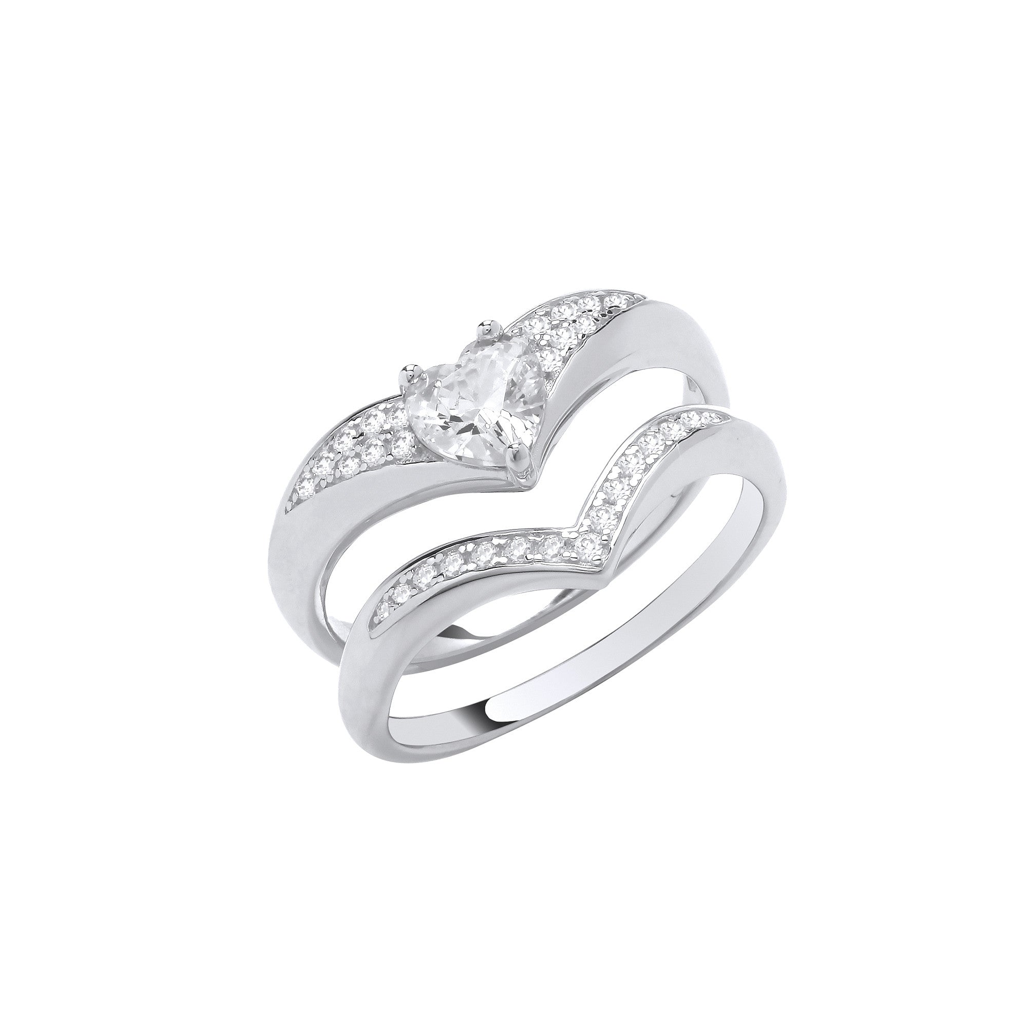 Silver Bridal Set Heart Cubic Zirconia Wishbone Rings - Silver