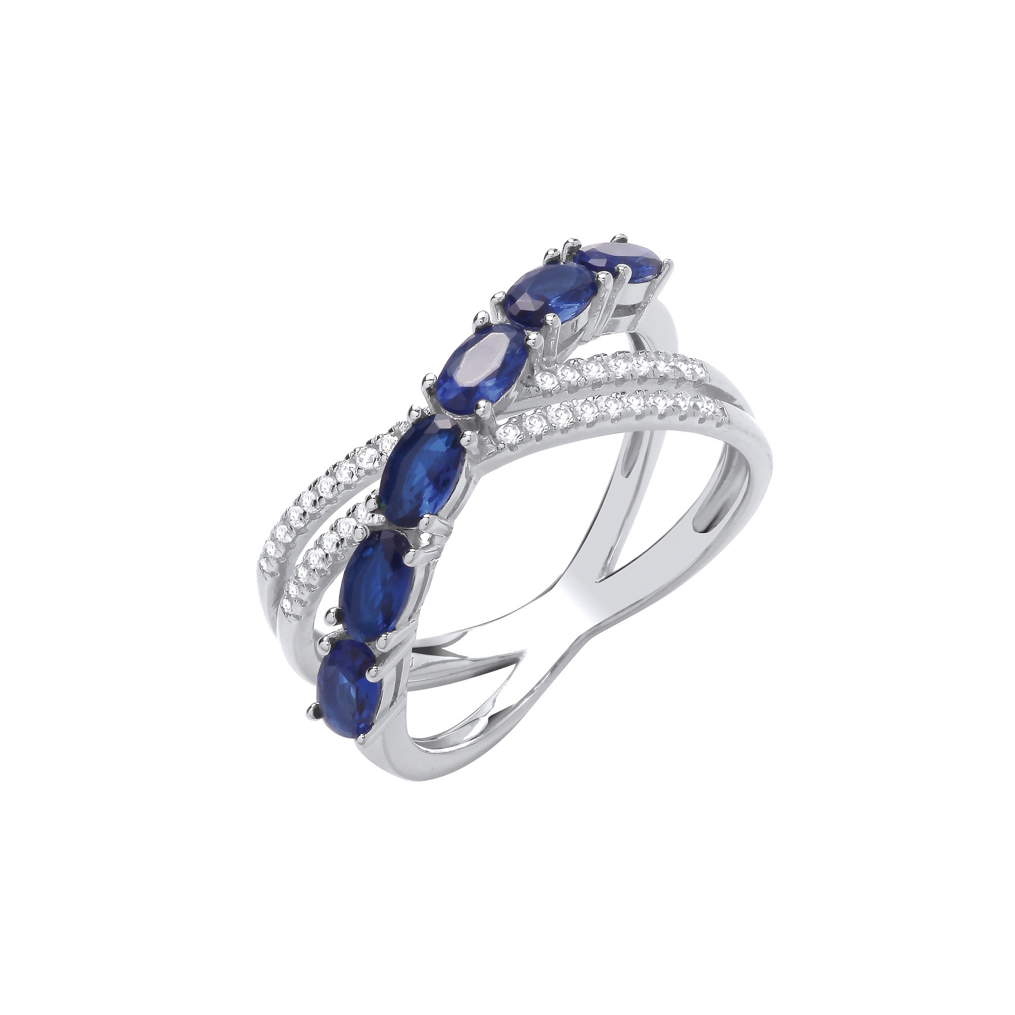 Silver Cross Over Clear & Blue Cubic Zirconias Ring - Silver