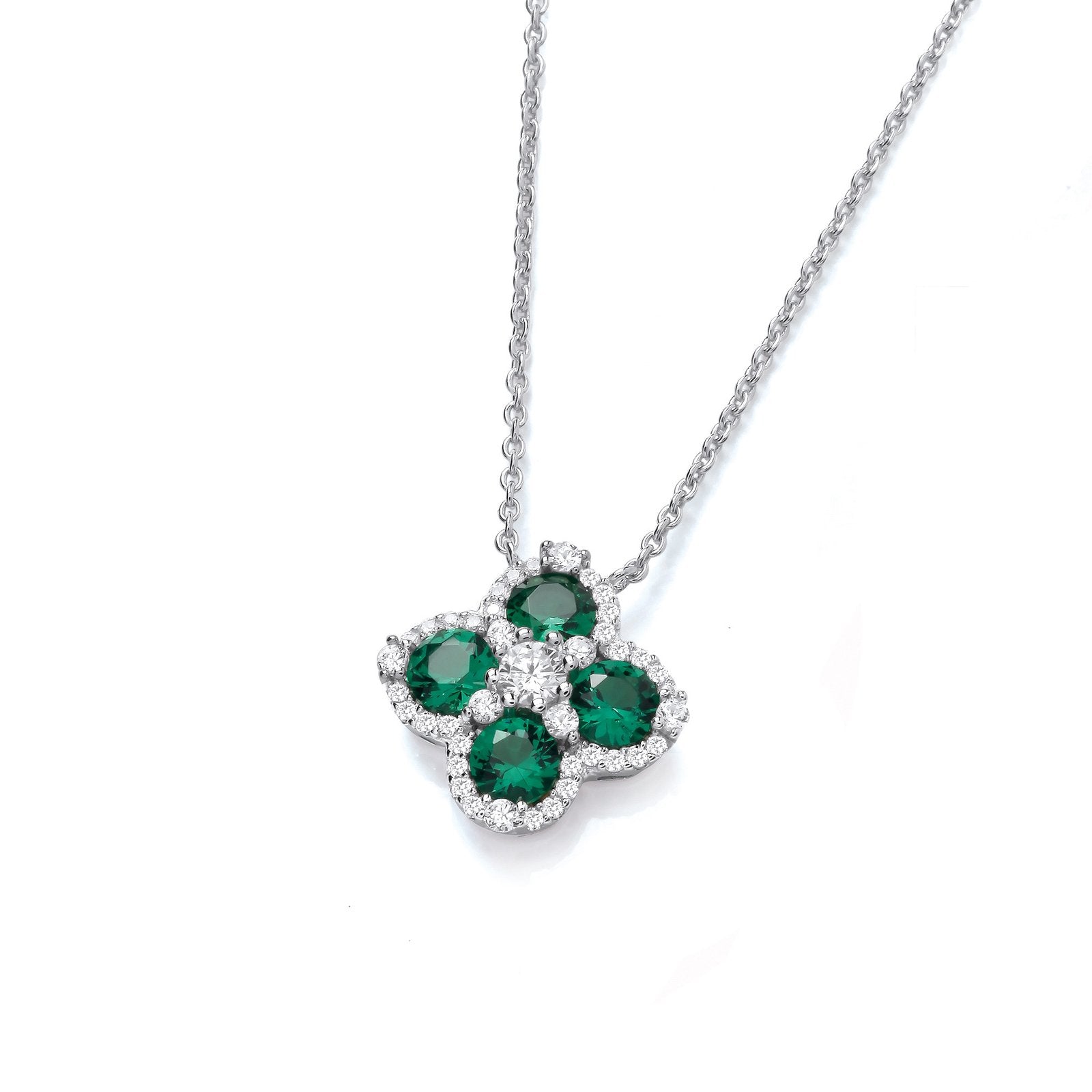 Green Four Leaf Clover Silver Necklace