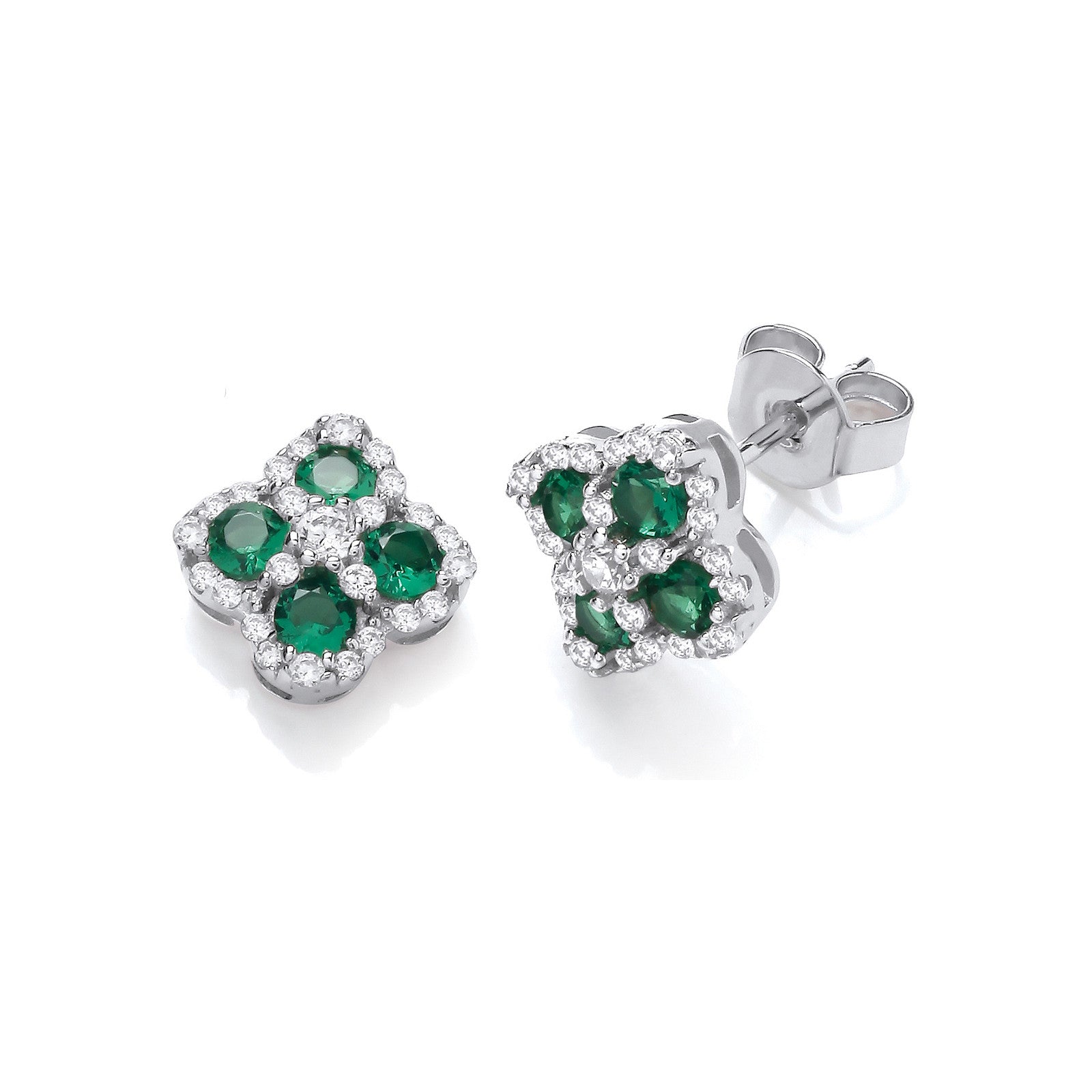 Green Four Leaf Clover Cubic Zirconia Stud Earrings - Silver