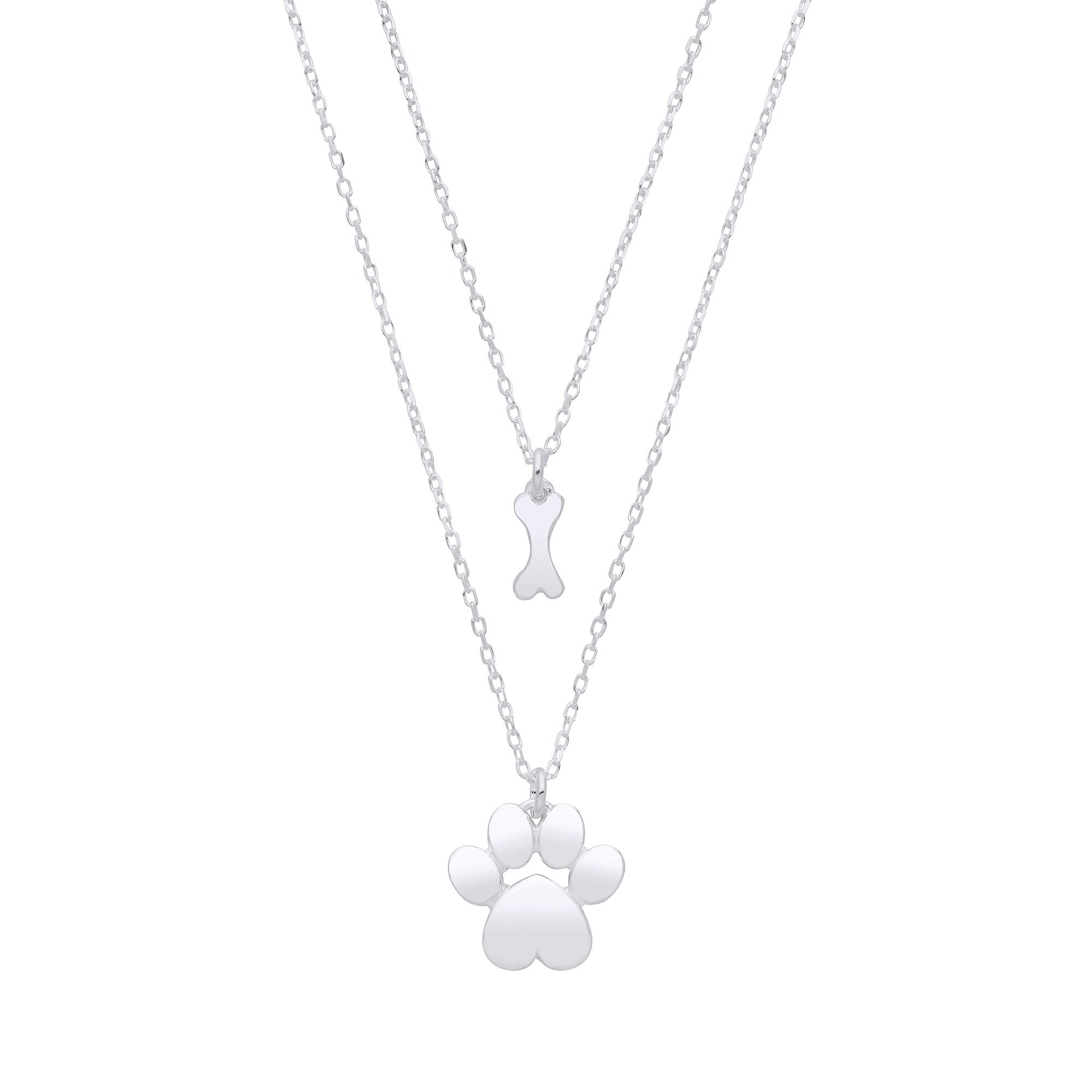 Silver Dog Paw & Bone Pendant Necklace 16" / 18" - Silver