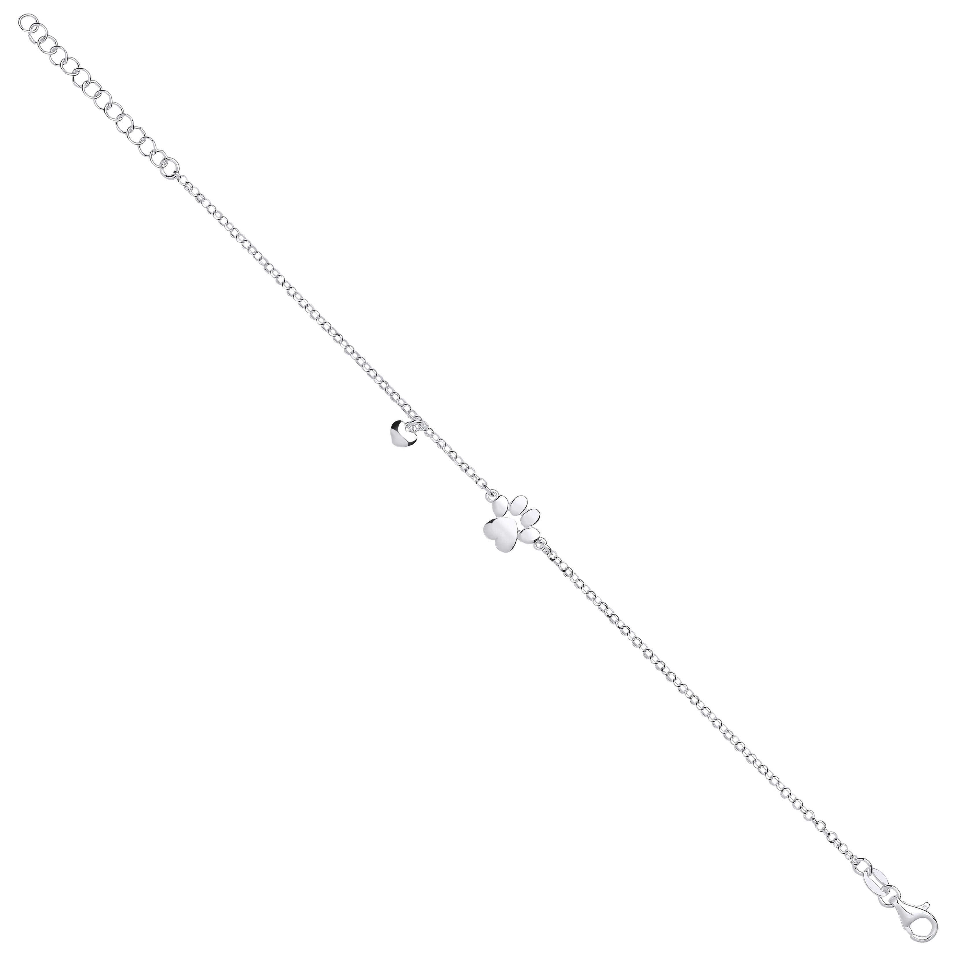 Silver Dog/Cat Paw & Heart Bracelet - Silver